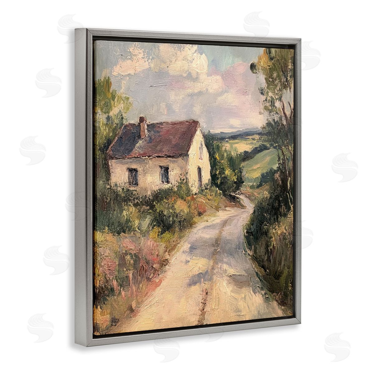 Scenic Cottage Road Grey Floating Frame Canvas Wall Art, Home Decor by Petal Prints Design