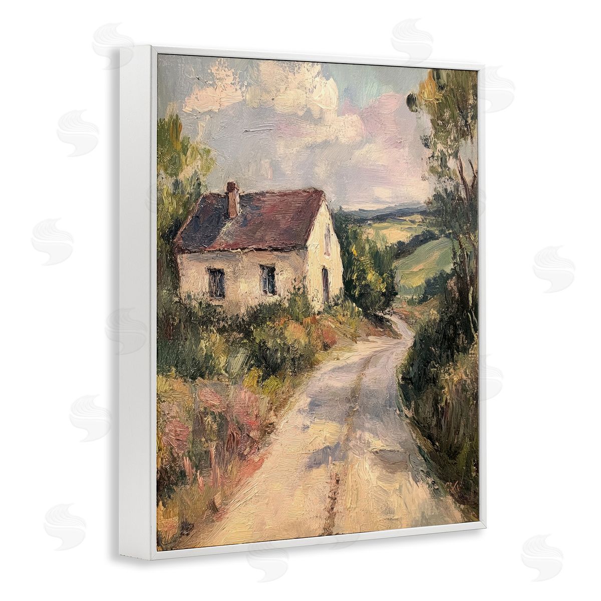 Scenic Cottage Road White Frame Print Wall Art, Home Decor by Petal Prints Design