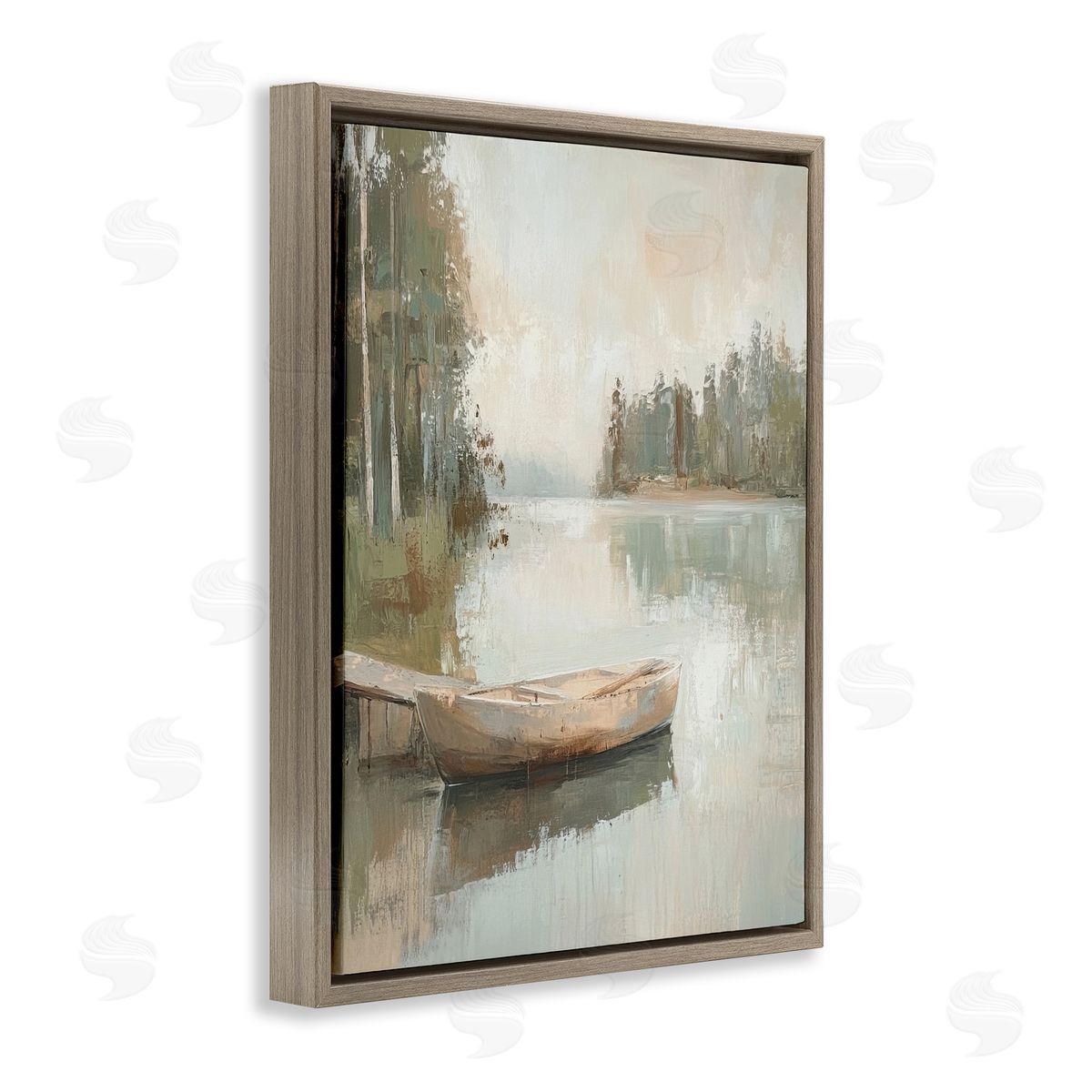 Canoe at Quiet Dock Brown Floating Frame Canvas Wall Art, Home Decor by Petal Prints Design