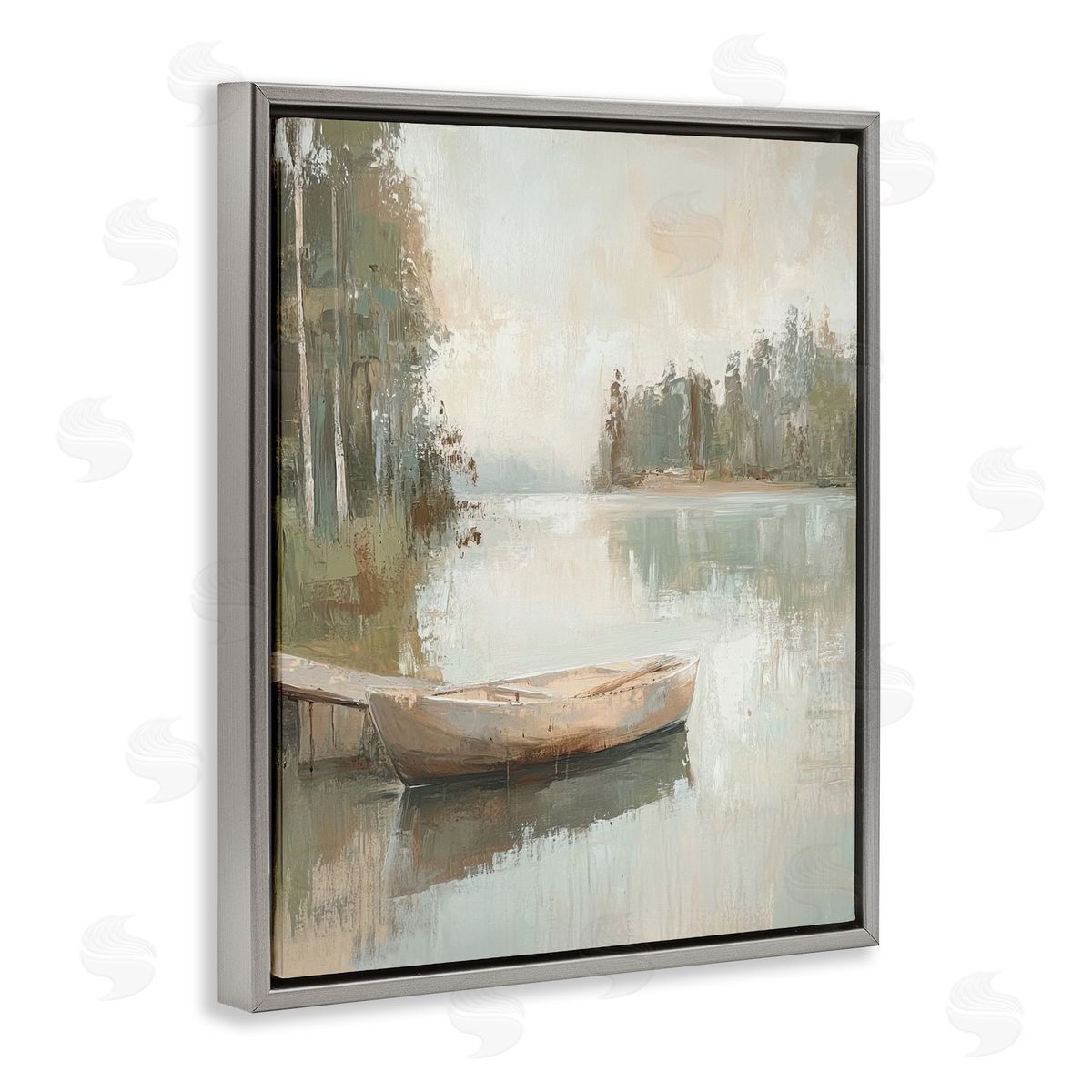 Canoe at Quiet Dock Grey Floating Frame Canvas Wall Art, Home Decor by Petal Prints Design