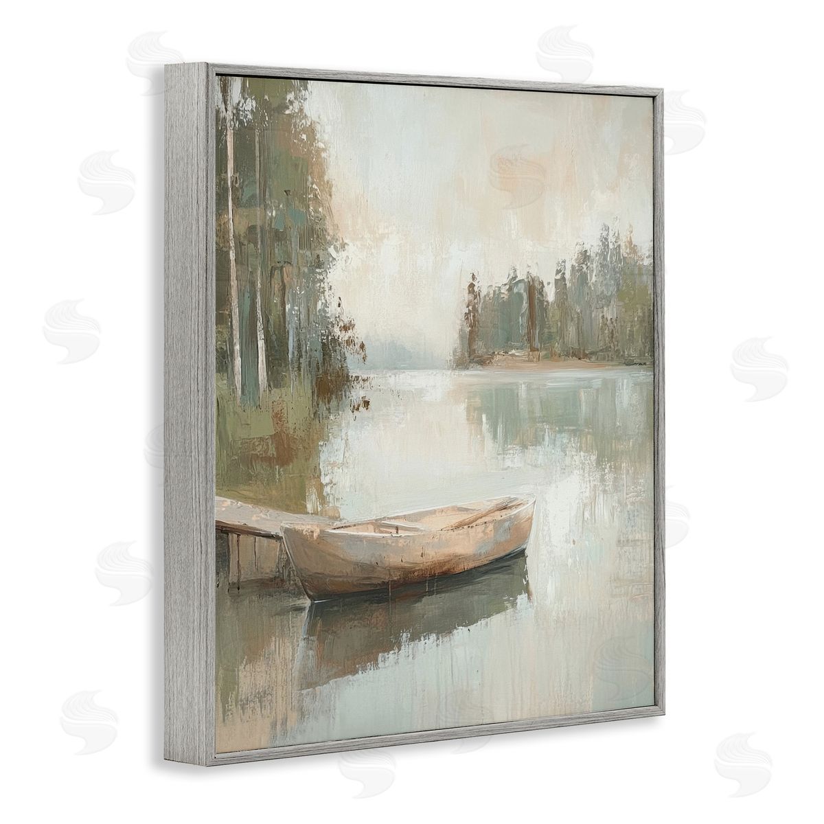 Canoe at Quiet Dock Grey Frame Print Wall Art, Home Decor by Petal Prints Design