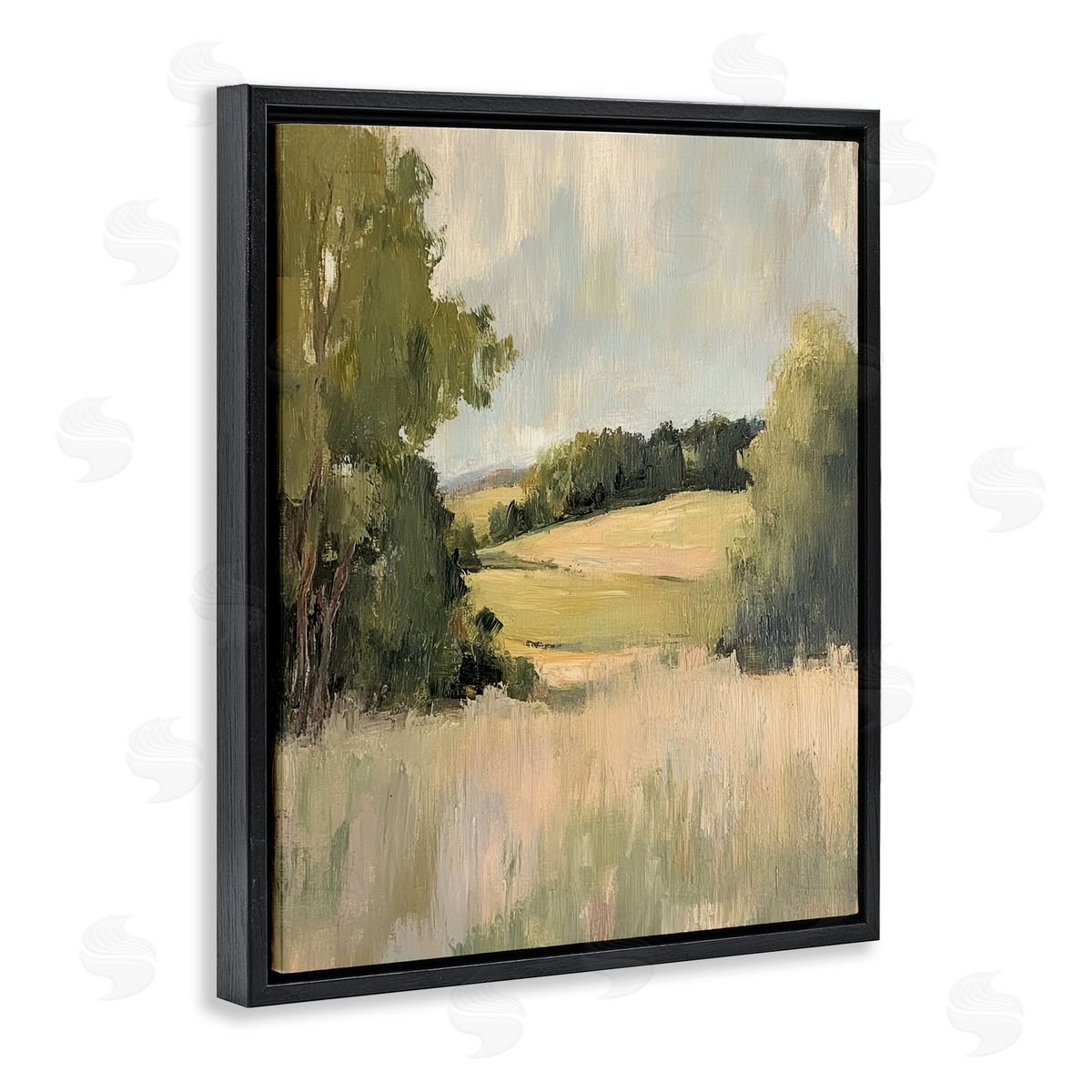 Painterly Green Valley View Black Floating Frame Canvas Wall Art, Home Decor by Petal Prints Design