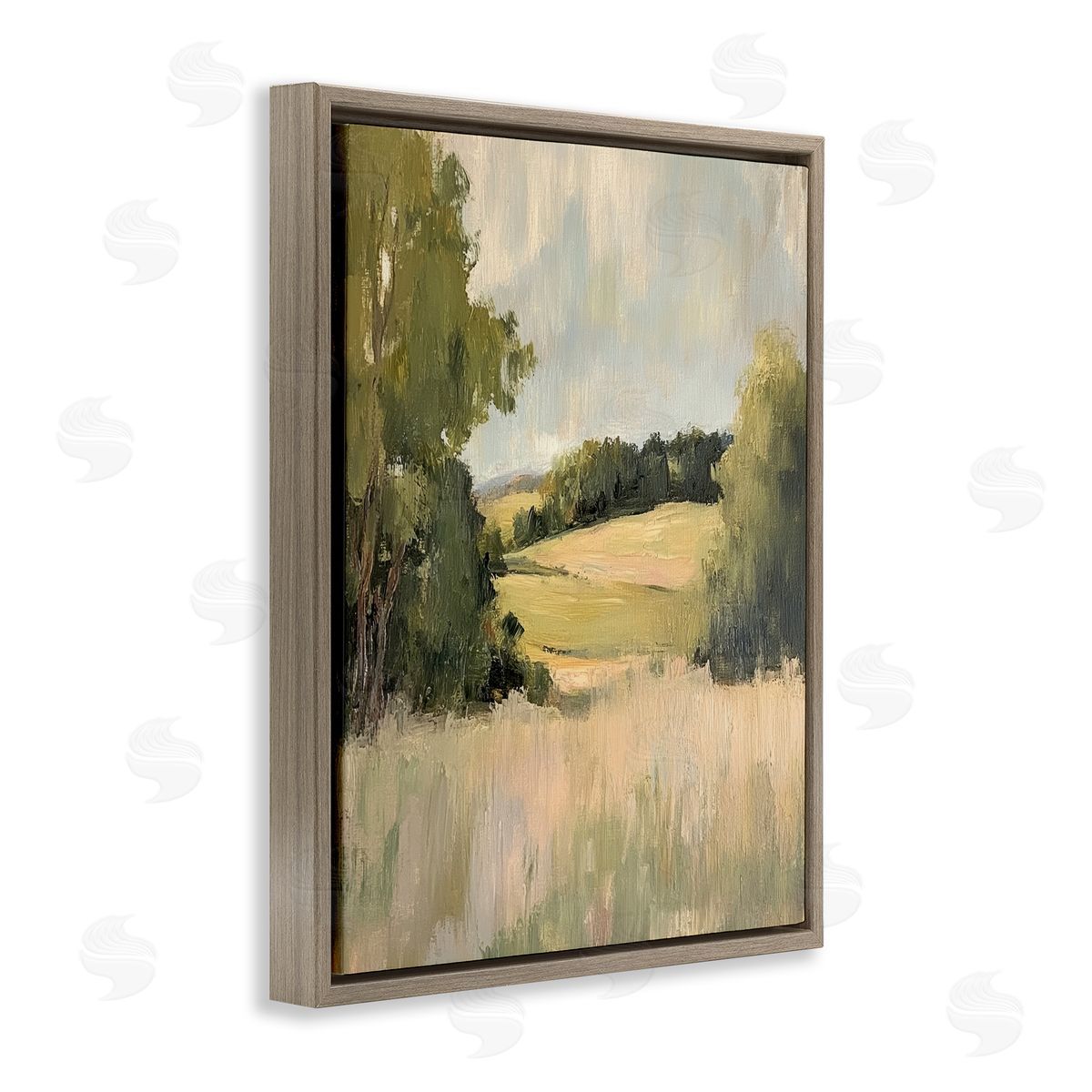 Painterly Green Valley View Brown Floating Frame Canvas Wall Art, Home Decor by Petal Prints Design