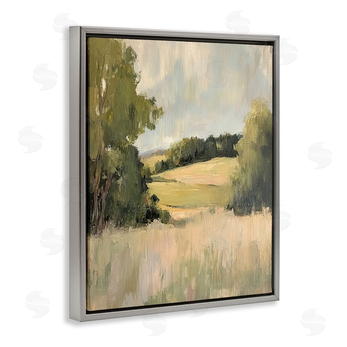 Painterly Green Valley View Grey Floating Frame Canvas Wall Art, Home Decor by Petal Prints Design