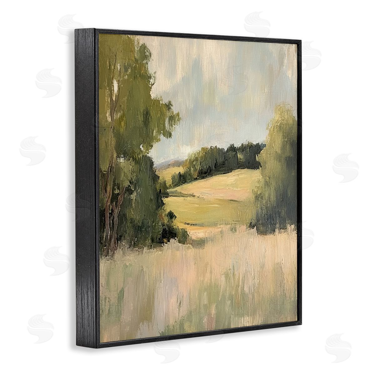 Painterly Green Valley View Black Frame Print Wall Art, Home Decor by Petal Prints Design