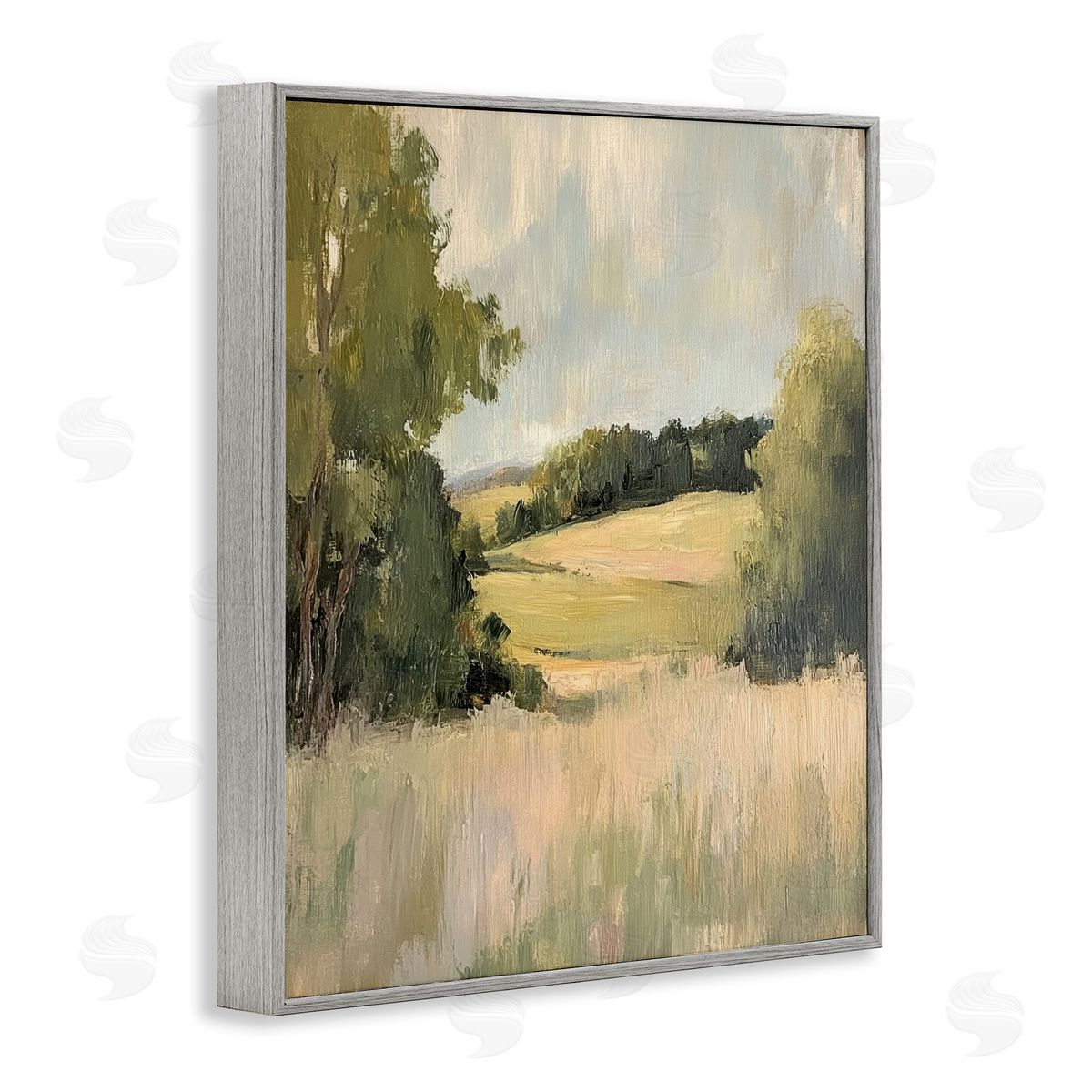 Painterly Green Valley View Grey Frame Print Wall Art, Home Decor by Petal Prints Design