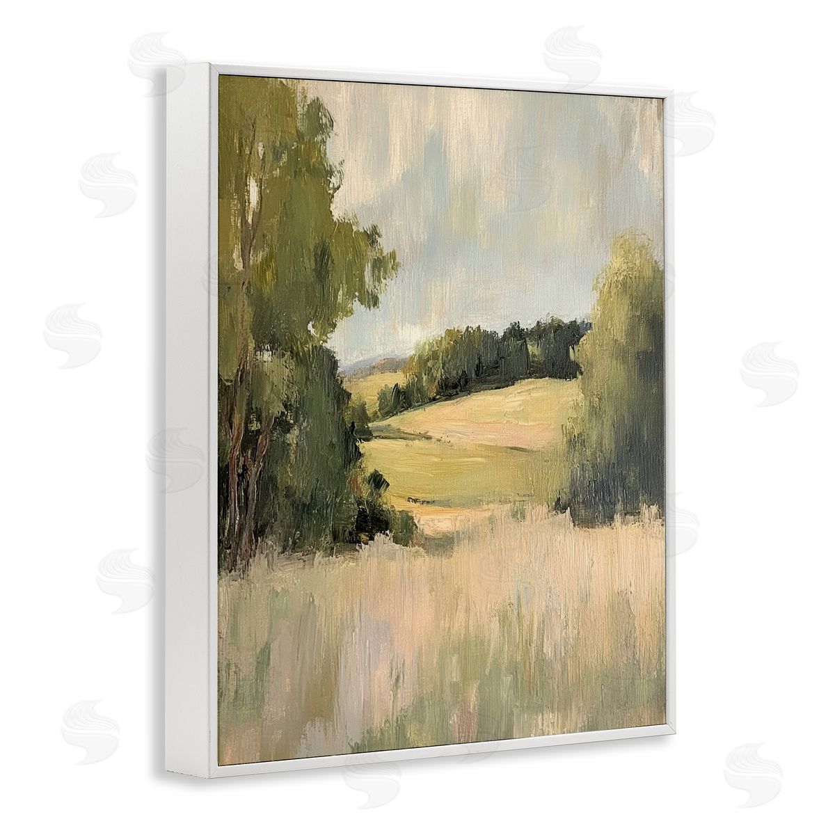 Painterly Green Valley View White Frame Print Wall Art, Home Decor by Petal Prints Design