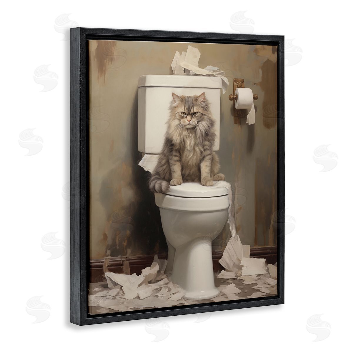 Cat & Torn Toilet Paper Black Floating Frame Canvas Wall Art, Home Decor by Arlington Prints