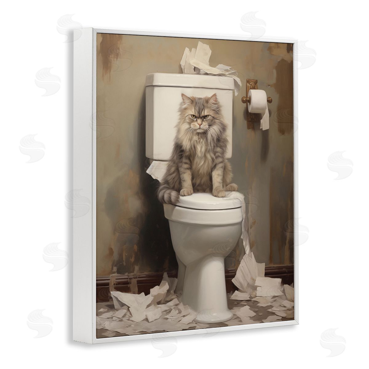 Cat & Torn Toilet Paper White Frame Print Wall Art, Home Decor by Arlington Prints