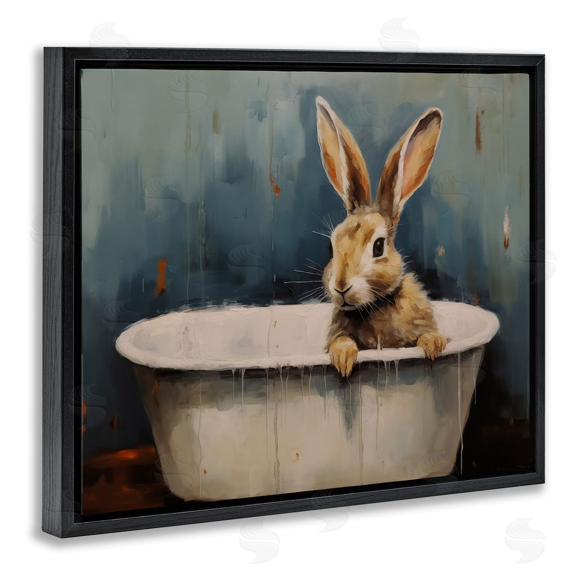 Baby Bunny in Tub Black Floating Frame Canvas Wall Art, Home Decor by Arlington Prints
