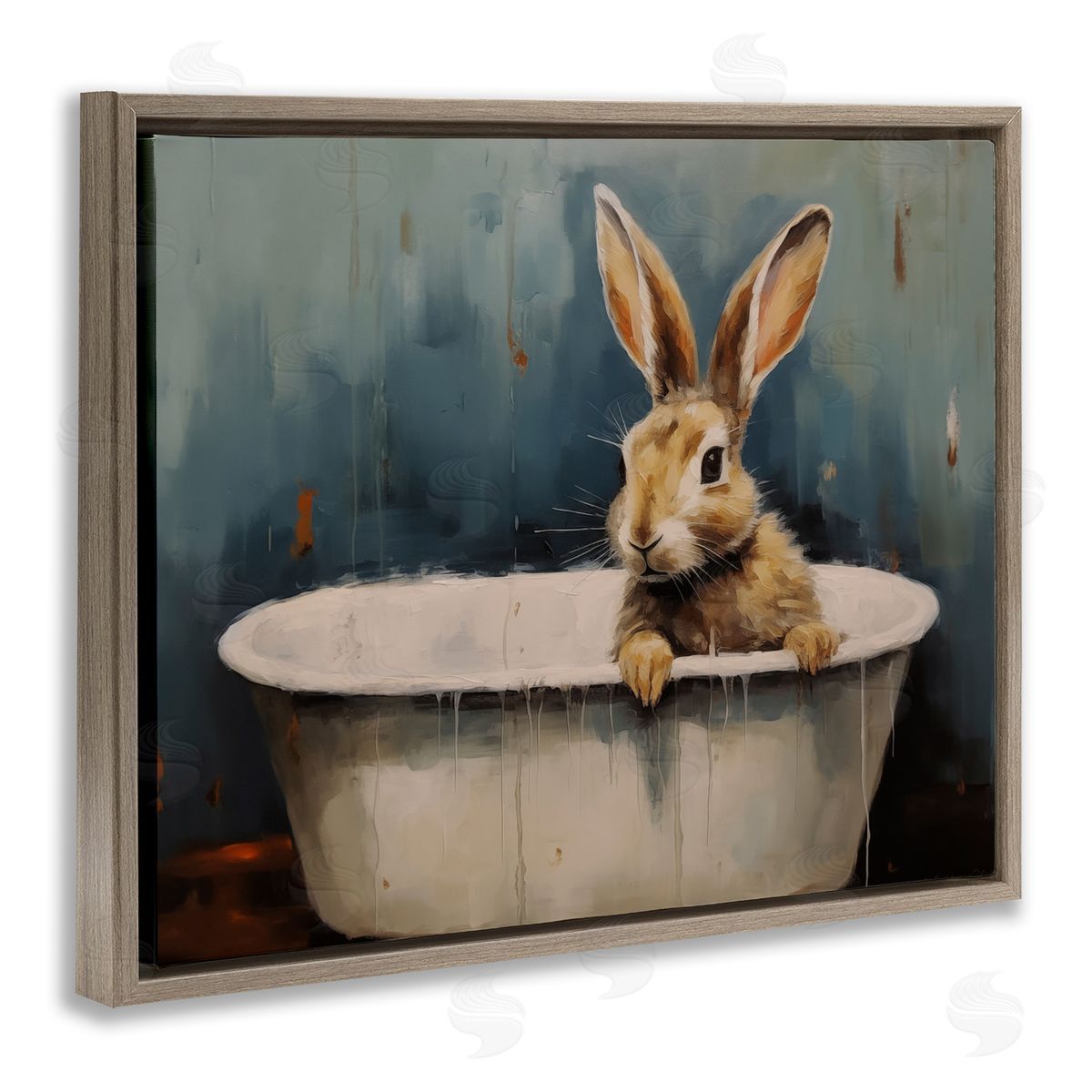 Baby Bunny in Tub Brown Floating Frame Canvas Wall Art, Home Decor by Arlington Prints