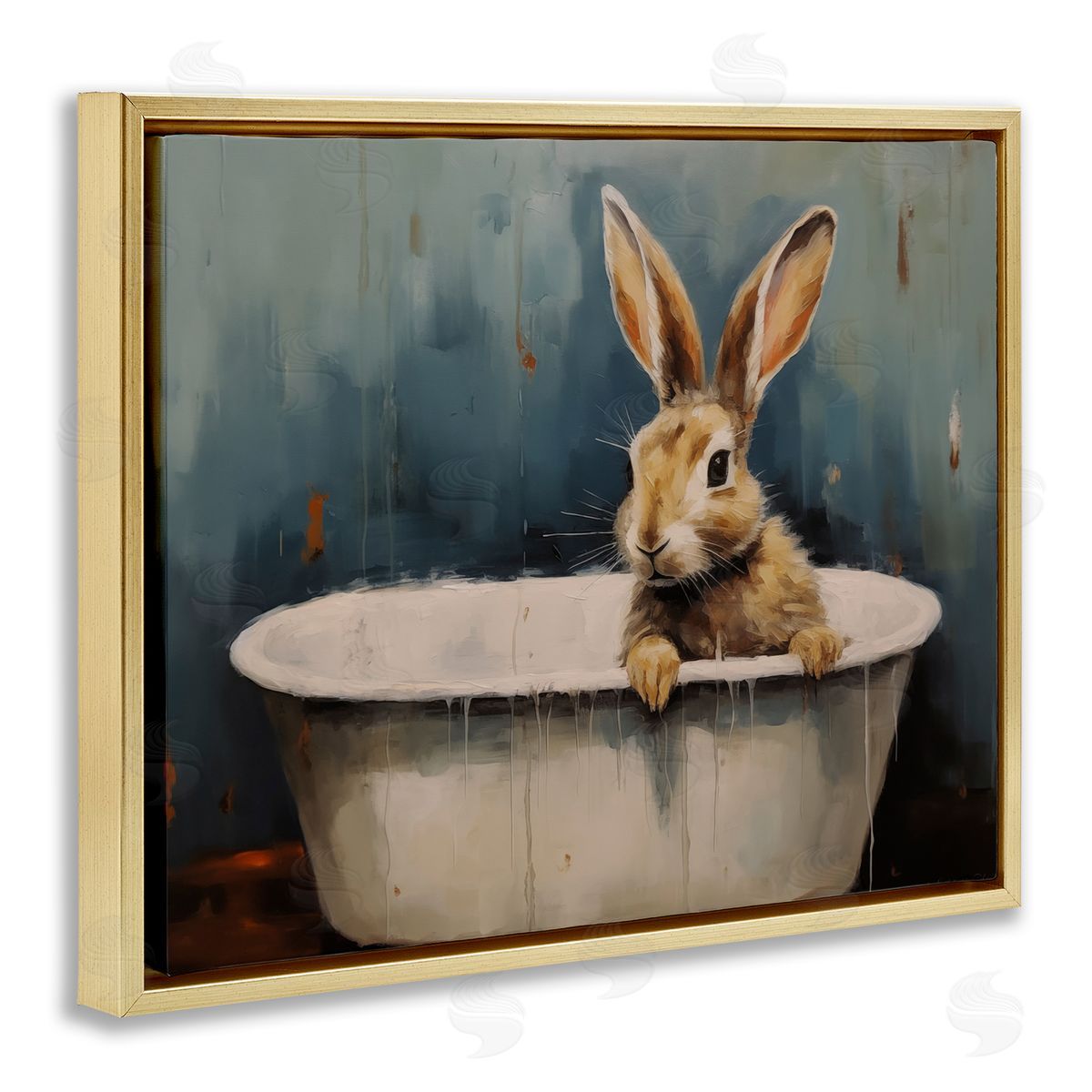 Baby Bunny in Tub Gold Floating Frame Canvas Wall Art, Home Decor by Arlington Prints