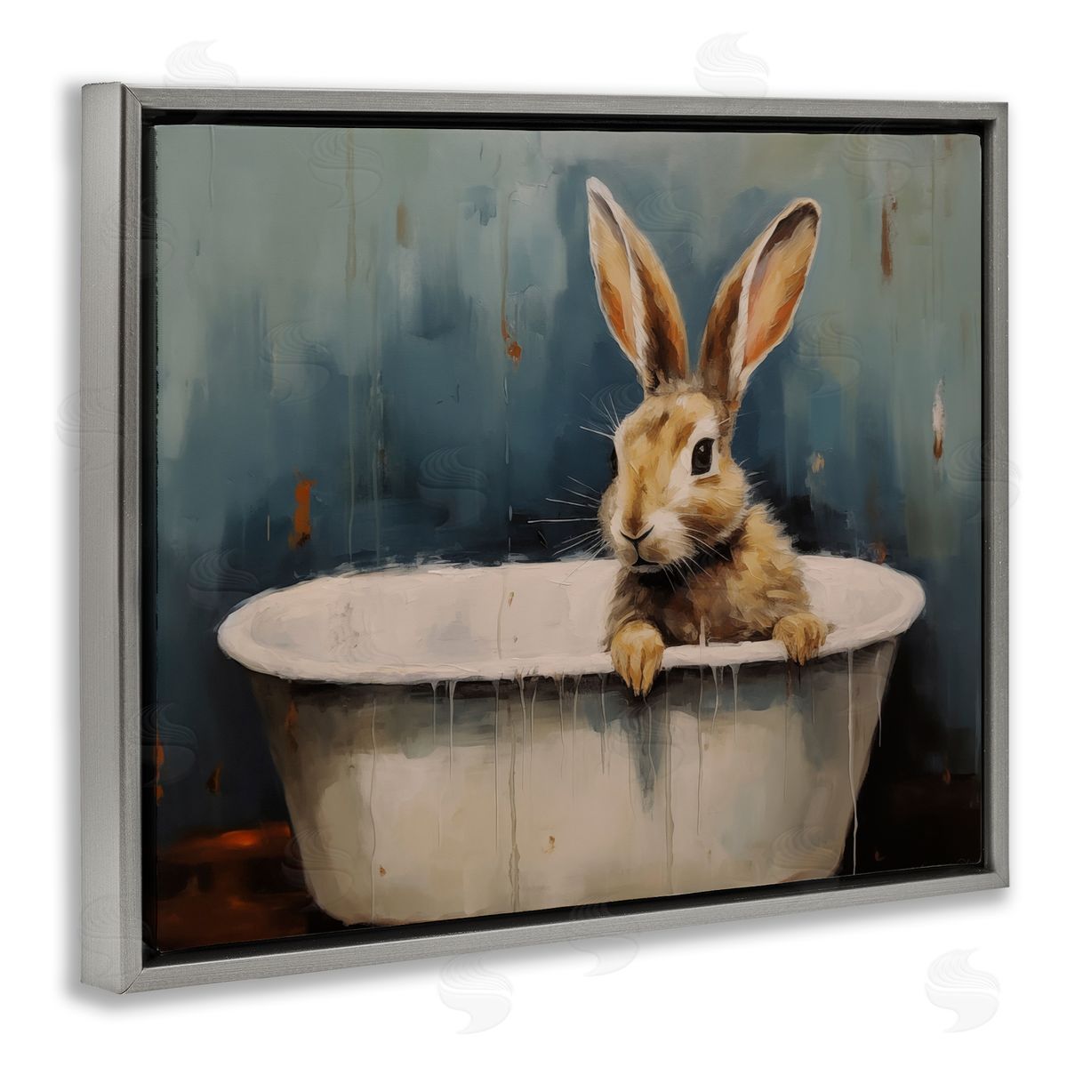 Baby Bunny in Tub Grey Floating Frame Canvas Wall Art, Home Decor by Arlington Prints