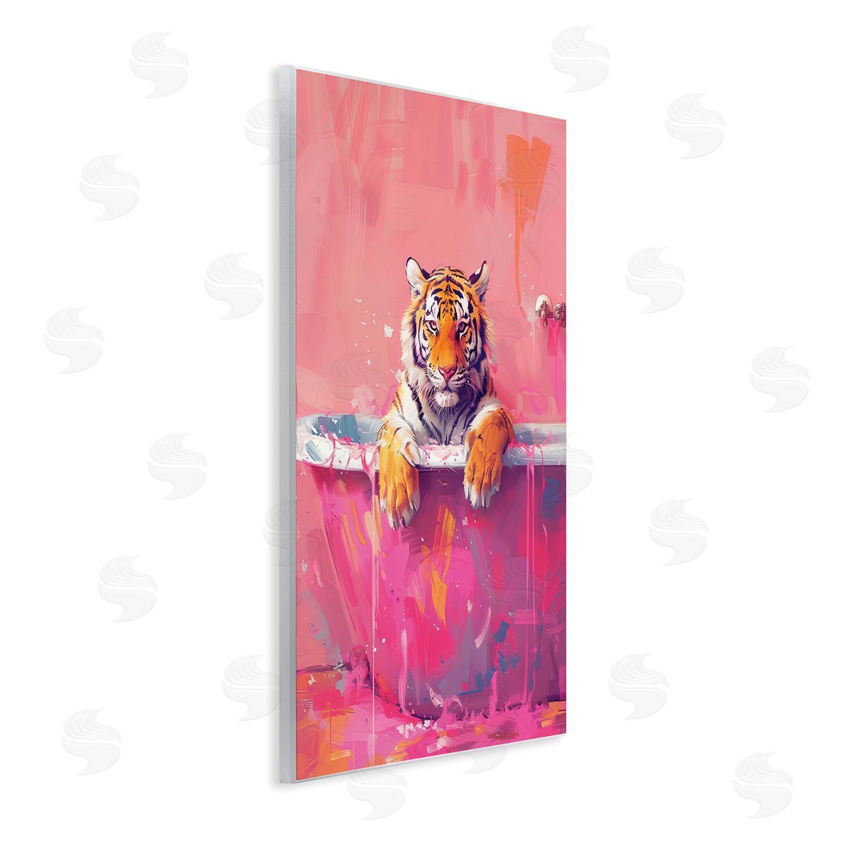 Bright Bathing Tiger in Tub Wood Plaque Wall Art, Home Decor by LSR Design Studio