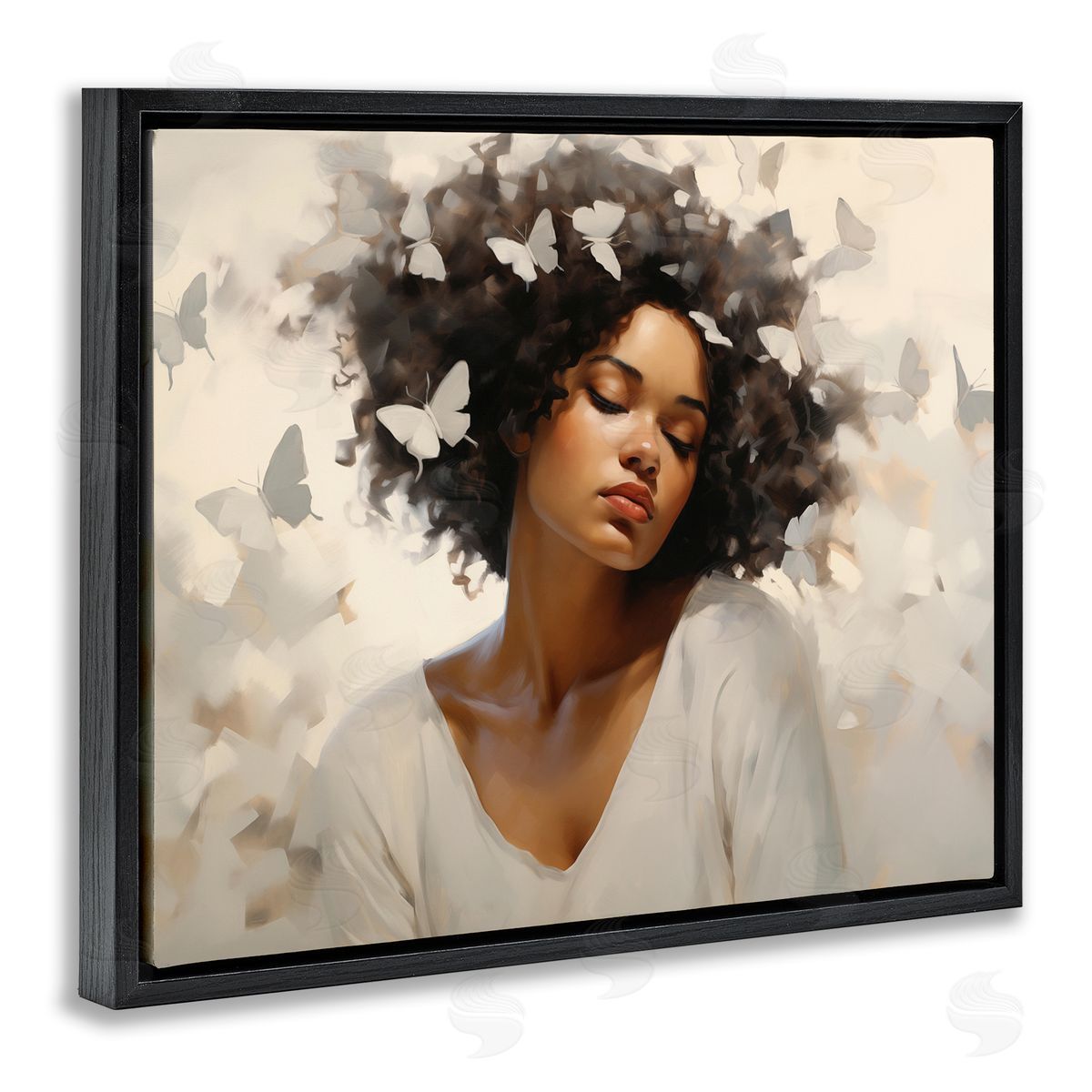 Woman with White Butterflies Black Floating Frame Canvas Wall Art, Home Decor by Arlington Prints