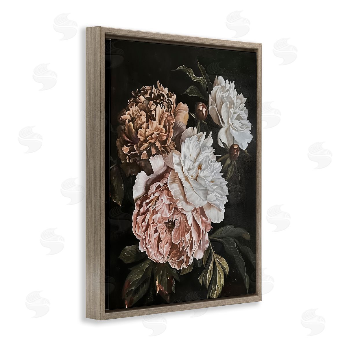 Moody Peonies on Black Brown Floating Frame Canvas Wall Art, Home Decor by Arlington Prints