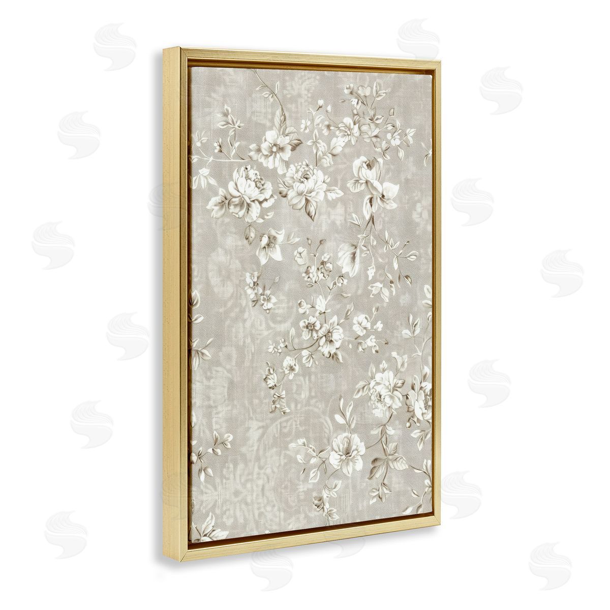 White Flowers over Damask Gold Floating Frame Canvas Wall Art, Home Decor by LSR Creative Studio