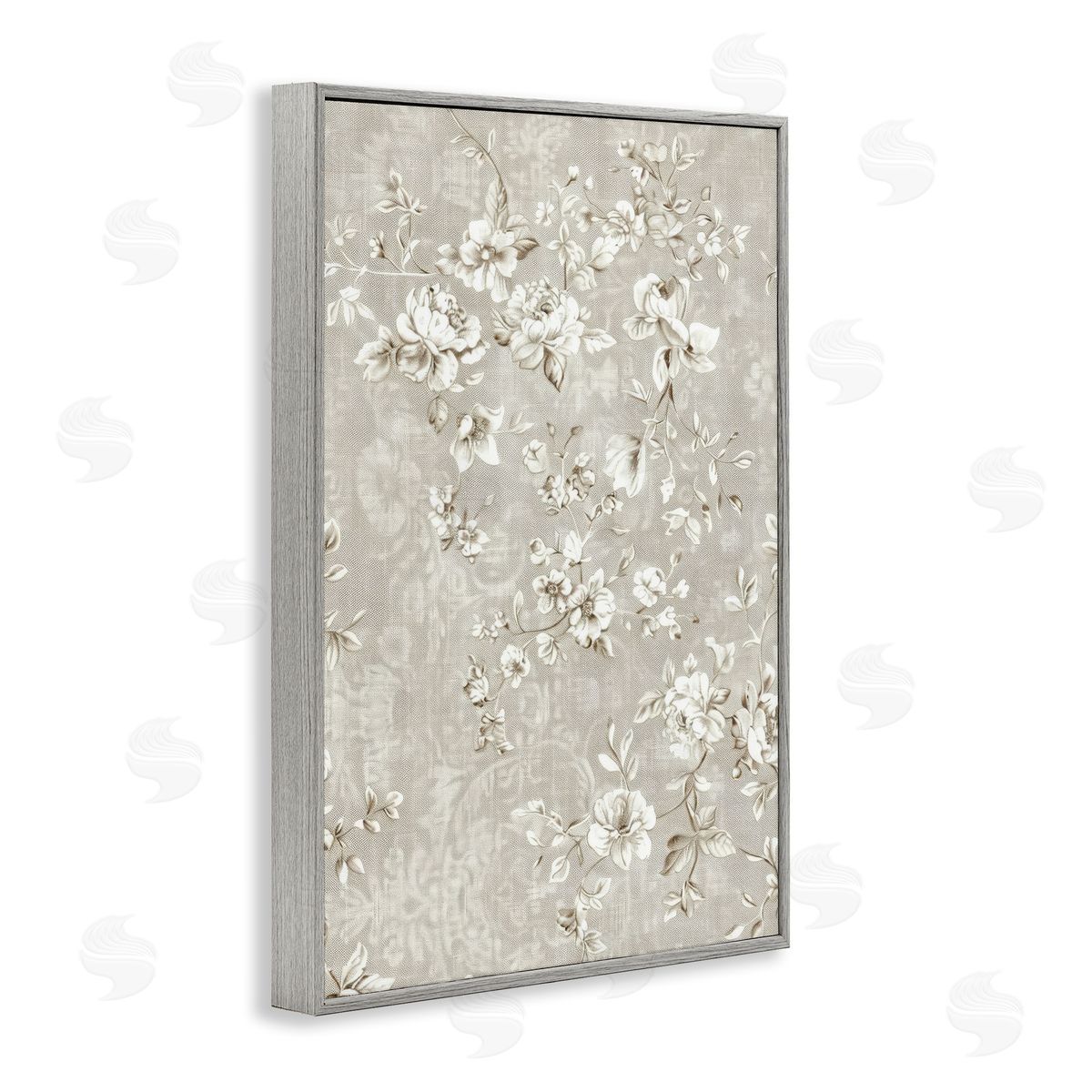 White Flowers over Damask Grey Frame Print Wall Art, Home Decor by LSR Creative Studio