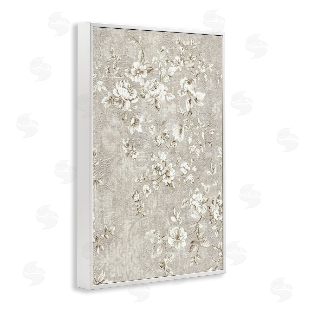 White Flowers over Damask White Frame Print Wall Art, Home Decor by LSR Creative Studio