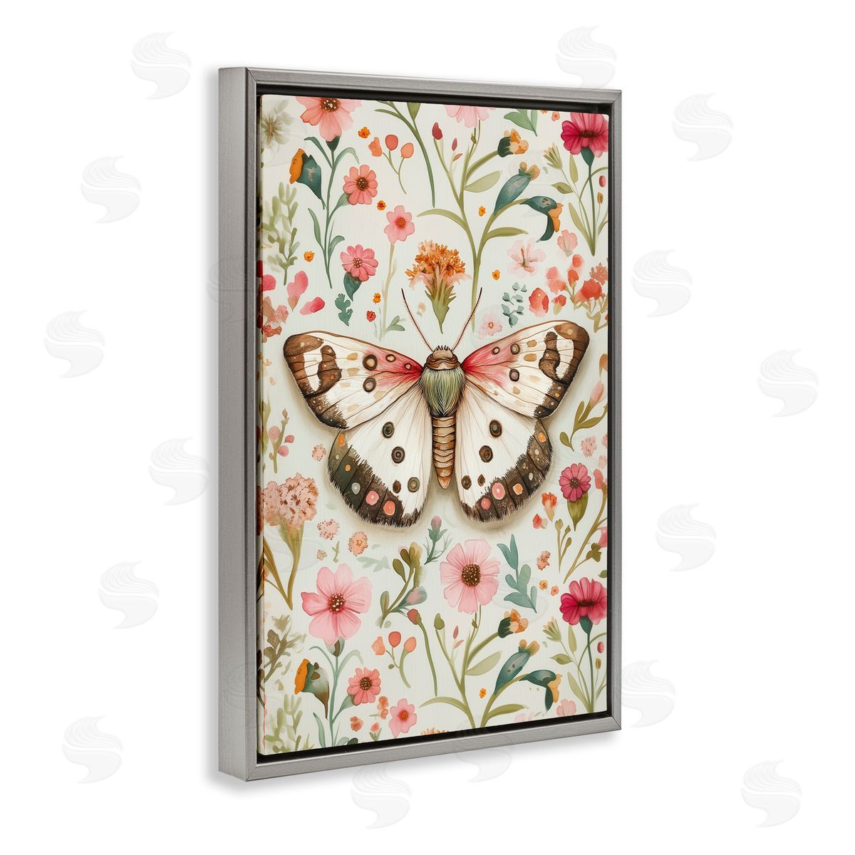 Botanical Butterfly on Florals Grey Floating Frame Canvas Wall Art, Home Decor by The Dutch Lady