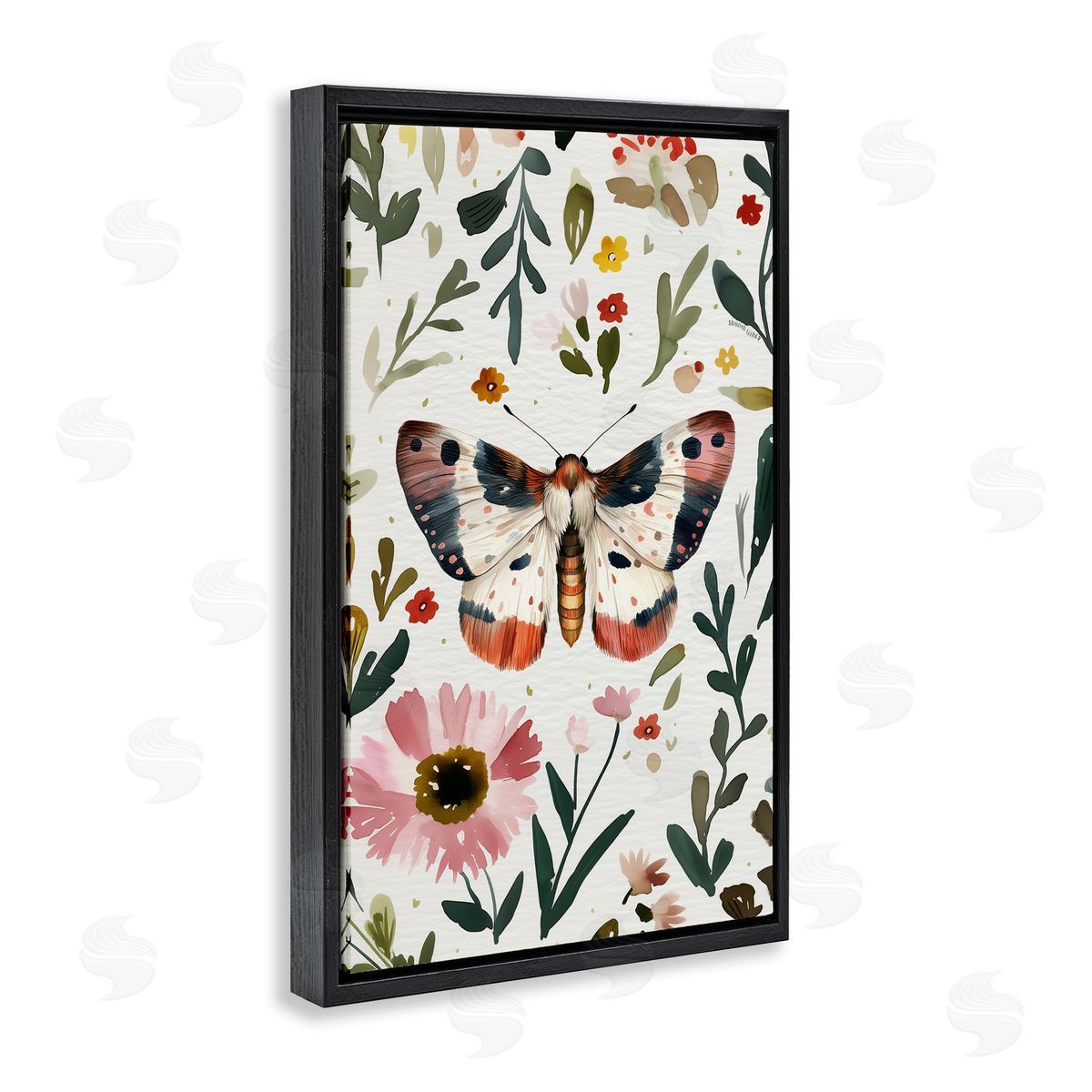 Moth & Organic Flowers Black Floating Frame Canvas Wall Art, Home Decor by The Dutch Lady