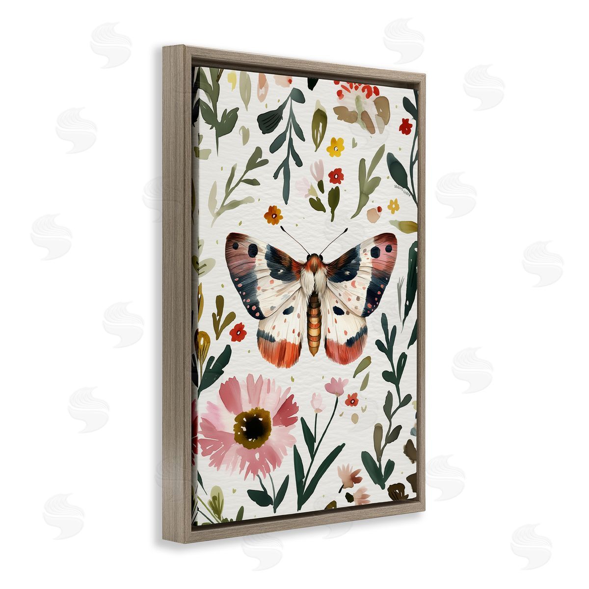 Moth & Organic Flowers Brown Floating Frame Canvas Wall Art, Home Decor by The Dutch Lady
