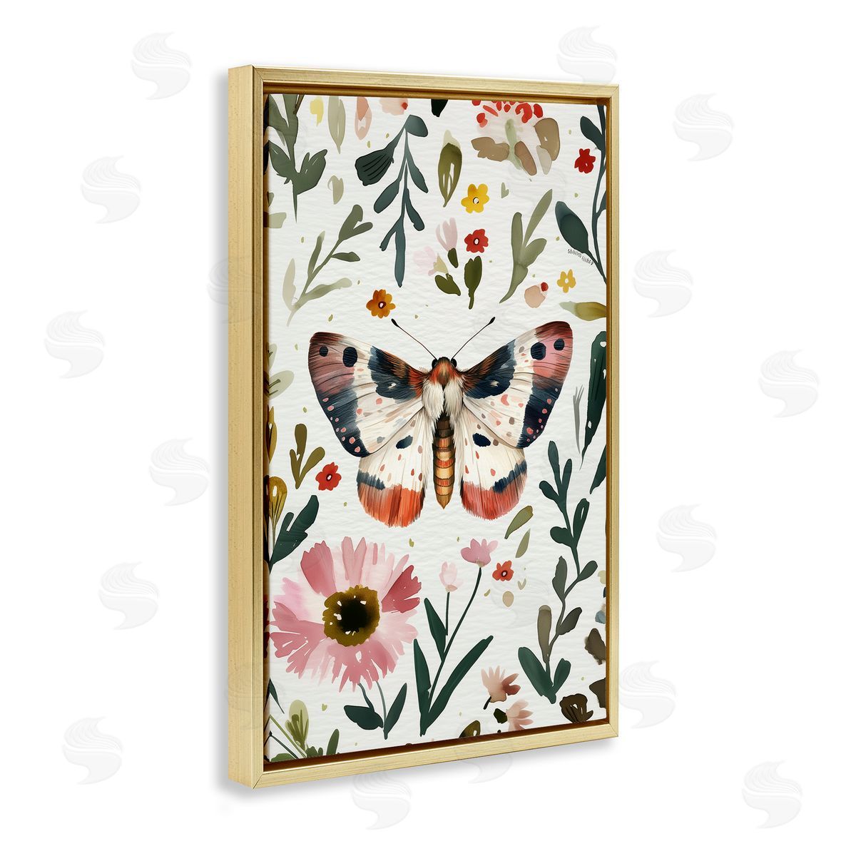Moth & Organic Flowers Gold Floating Frame Canvas Wall Art, Home Decor by The Dutch Lady