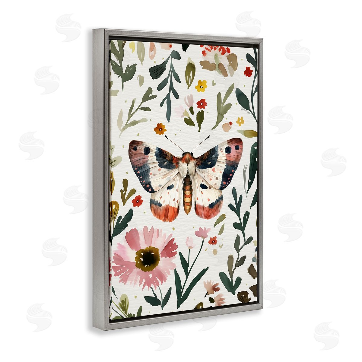 Moth & Organic Flowers Grey Floating Frame Canvas Wall Art, Home Decor by The Dutch Lady