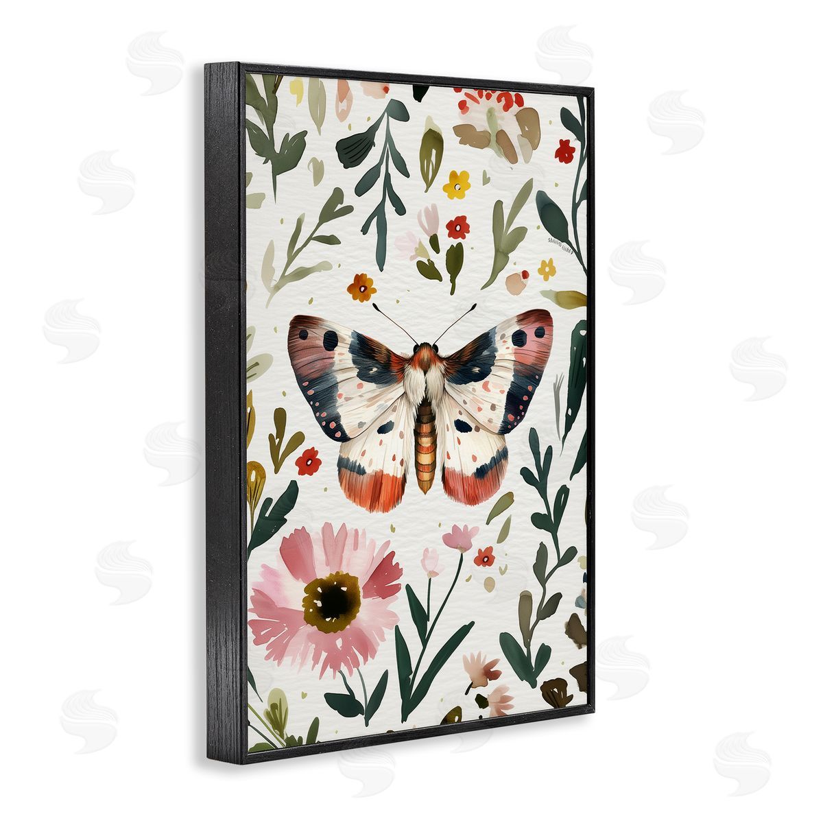 Moth & Organic Flowers Black Frame Print Wall Art, Home Decor by The Dutch Lady