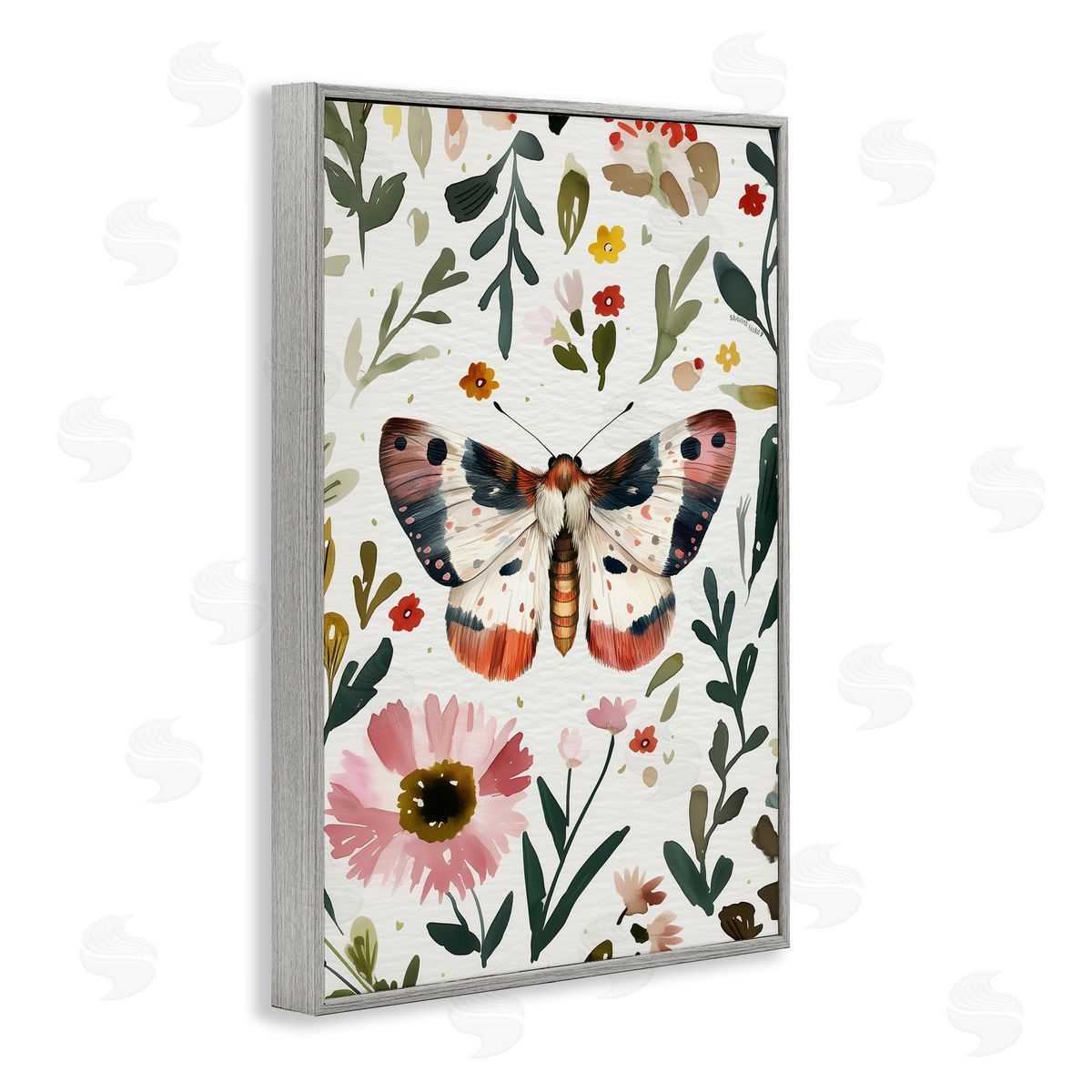 Moth & Organic Flowers Grey Frame Print Wall Art, Home Decor by The Dutch Lady