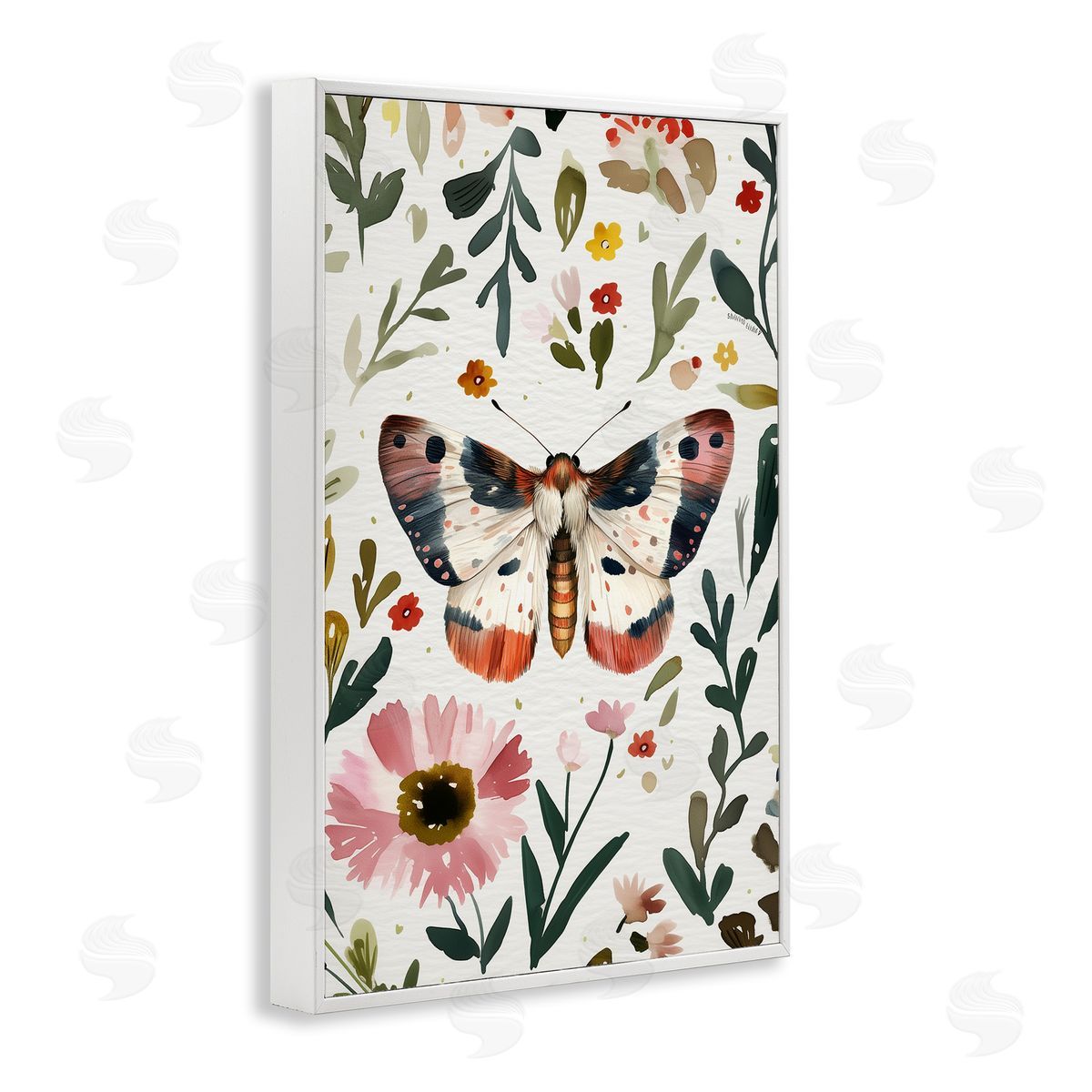 Moth & Organic Flowers White Frame Print Wall Art, Home Decor by The Dutch Lady