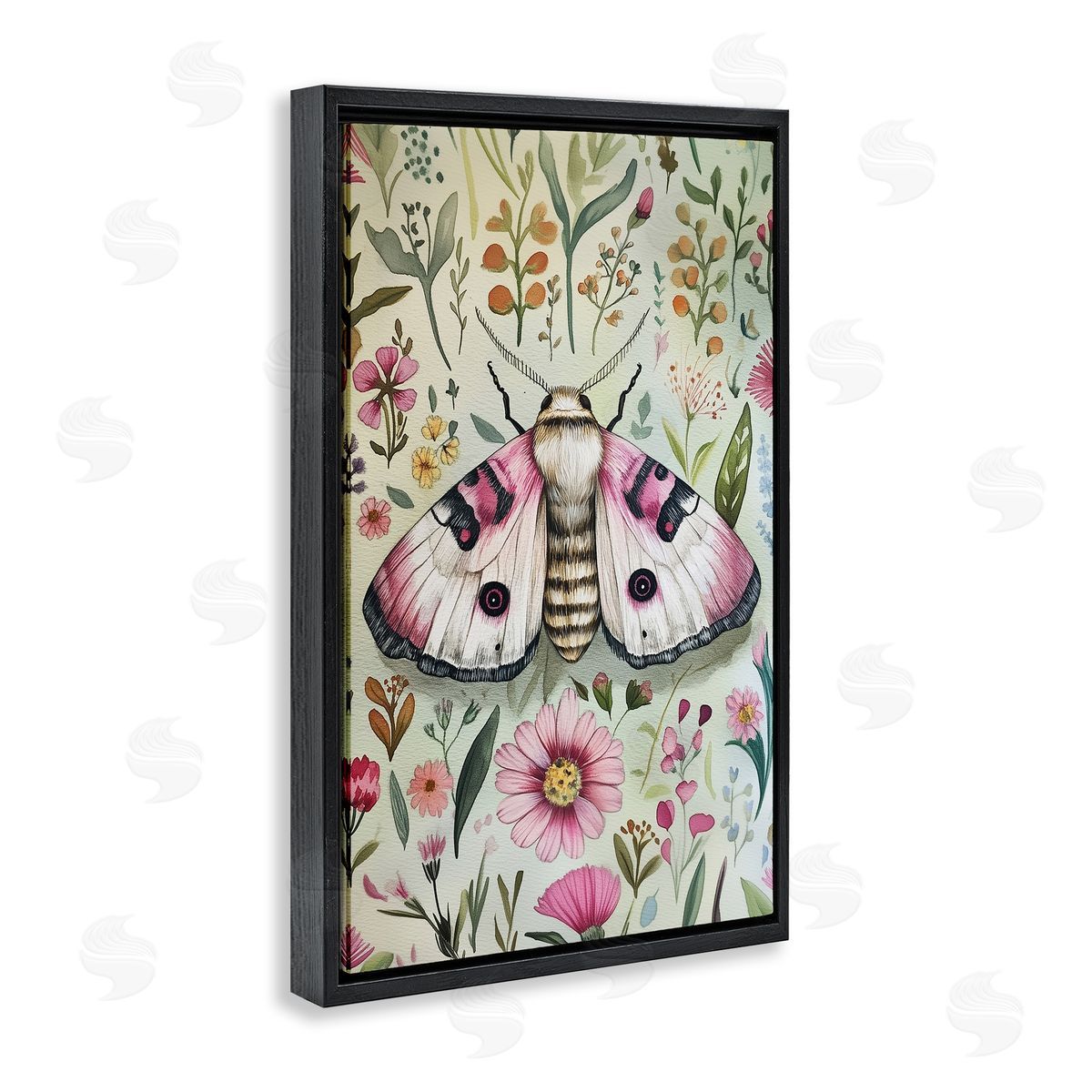 Moth over Floral Herbs Black Floating Frame Canvas Wall Art, Home Decor by The Dutch Lady