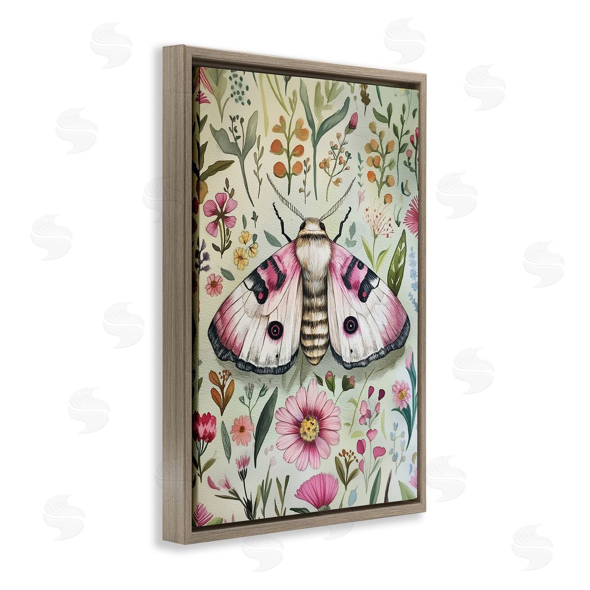 Moth over Floral Herbs Brown Floating Frame Canvas Wall Art, Home Decor by The Dutch Lady