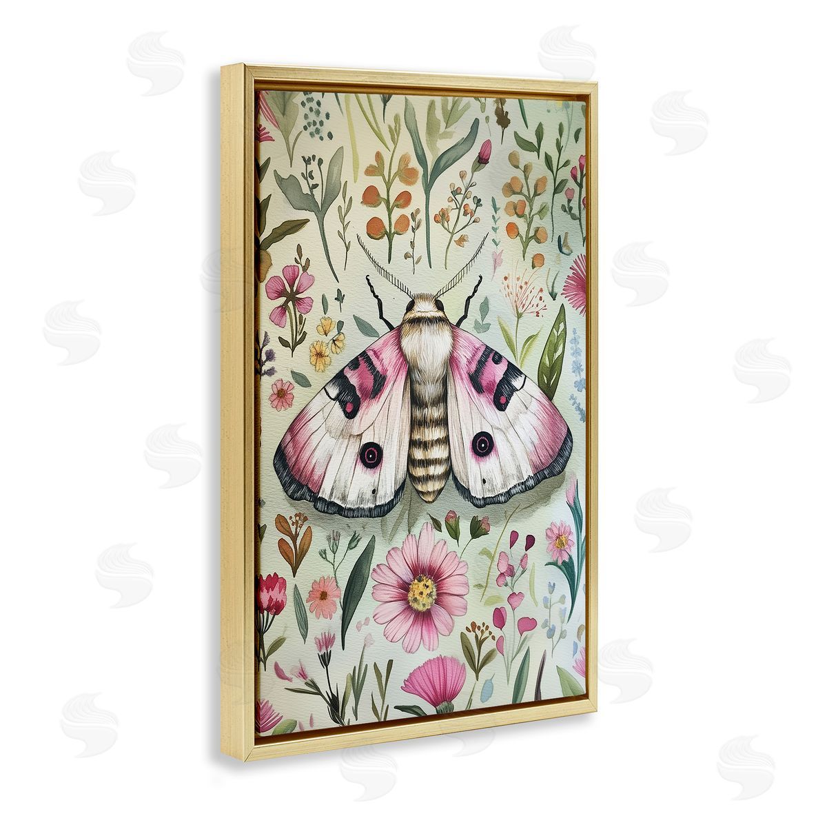 Moth over Floral Herbs Gold Floating Frame Canvas Wall Art, Home Decor by The Dutch Lady
