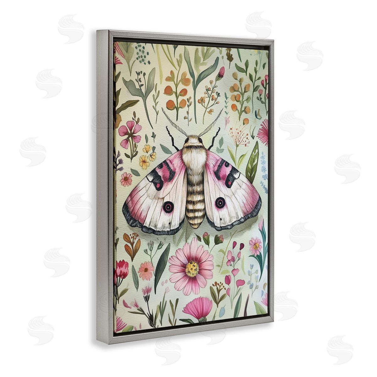 Moth over Floral Herbs Grey Floating Frame Canvas Wall Art, Home Decor by The Dutch Lady