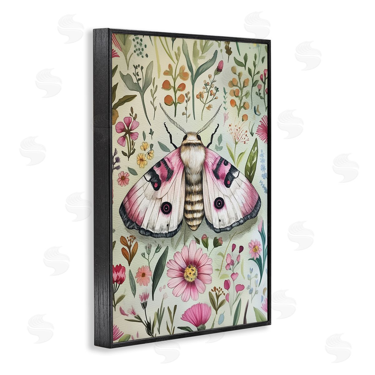 Moth over Floral Herbs Black Frame Print Wall Art, Home Decor by The Dutch Lady