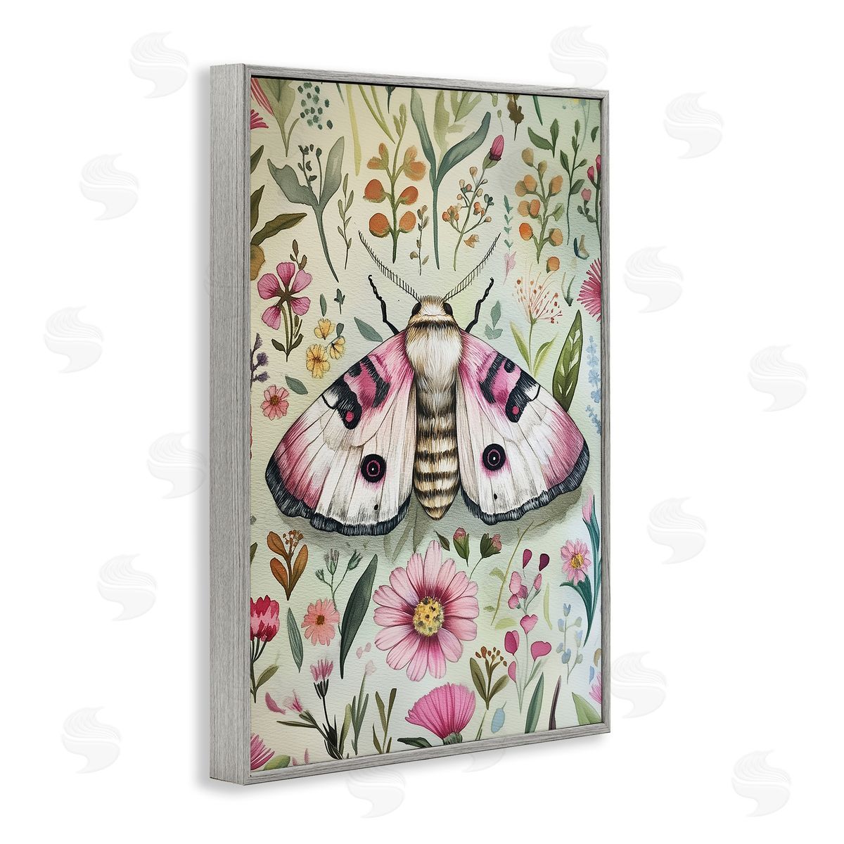Moth over Floral Herbs Grey Frame Print Wall Art, Home Decor by The Dutch Lady