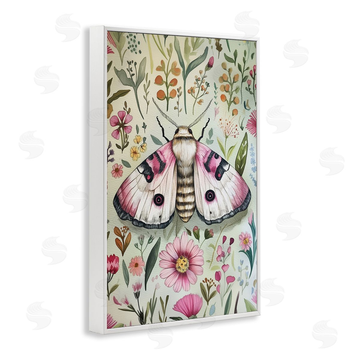 Moth over Floral Herbs White Frame Print Wall Art, Home Decor by The Dutch Lady