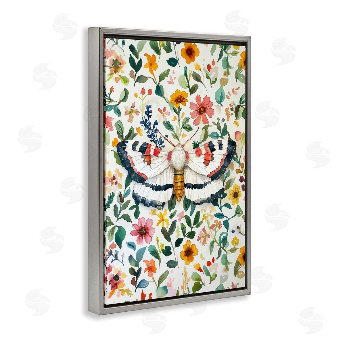 Butterfly & Bright Flowers Grey Floating Frame Canvas Wall Art, Home Decor by The Dutch Lady