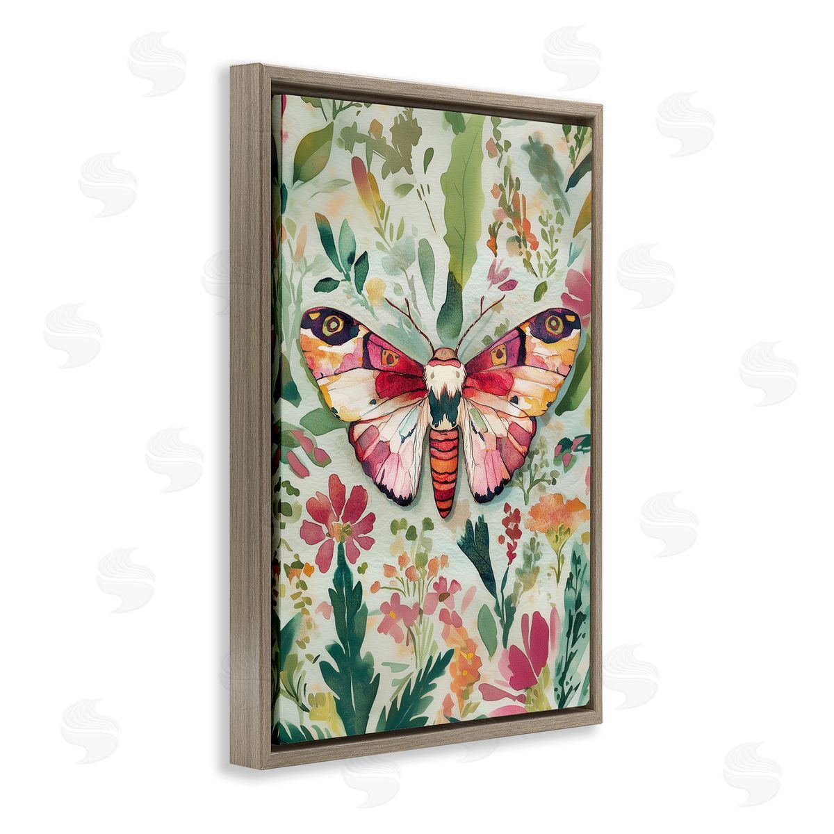 Butterfly over Abstract Flowers Brown Floating Frame Canvas Wall Art, Home Decor by The Dutch Lady