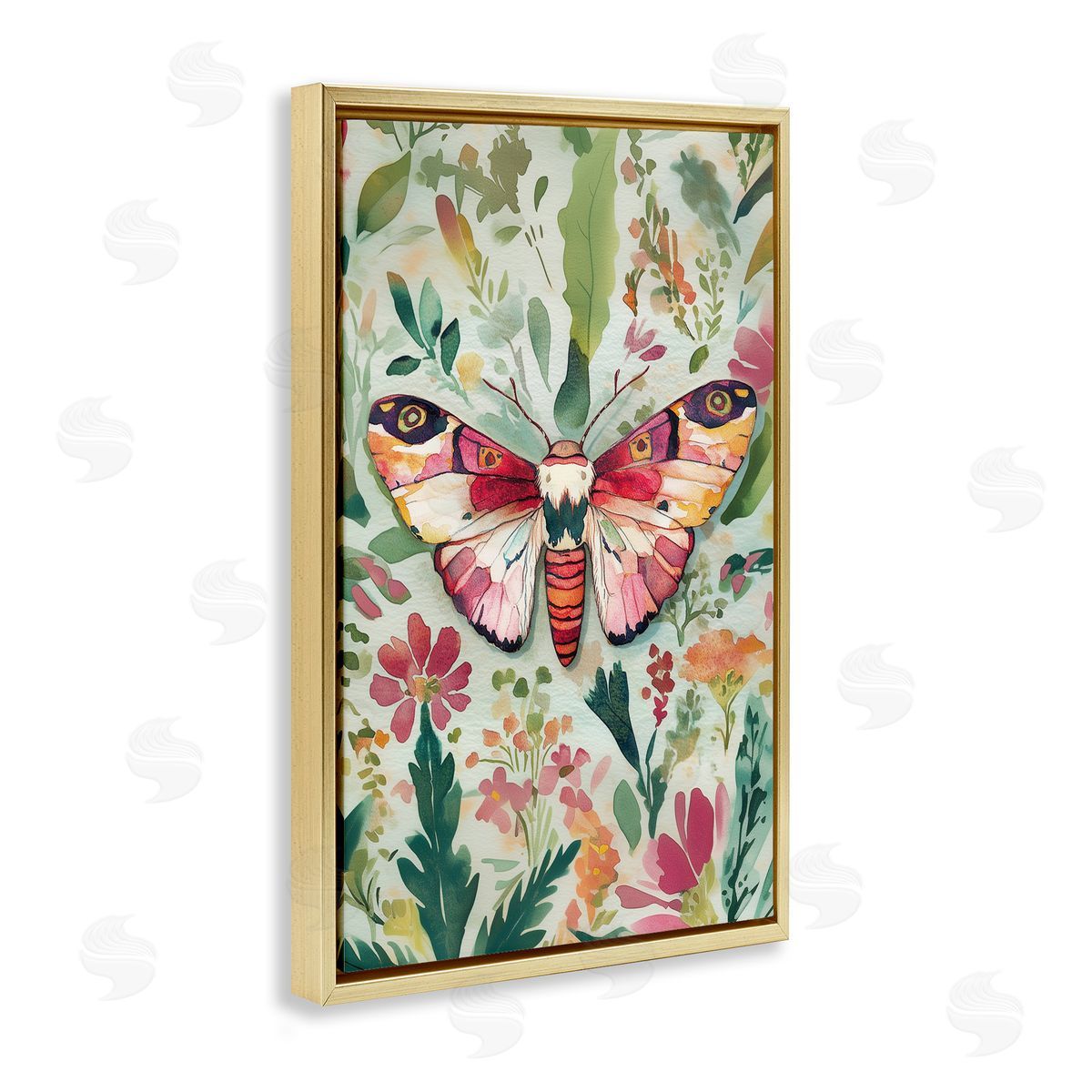 Butterfly over Abstract Flowers Gold Floating Frame Canvas Wall Art, Home Decor by The Dutch Lady