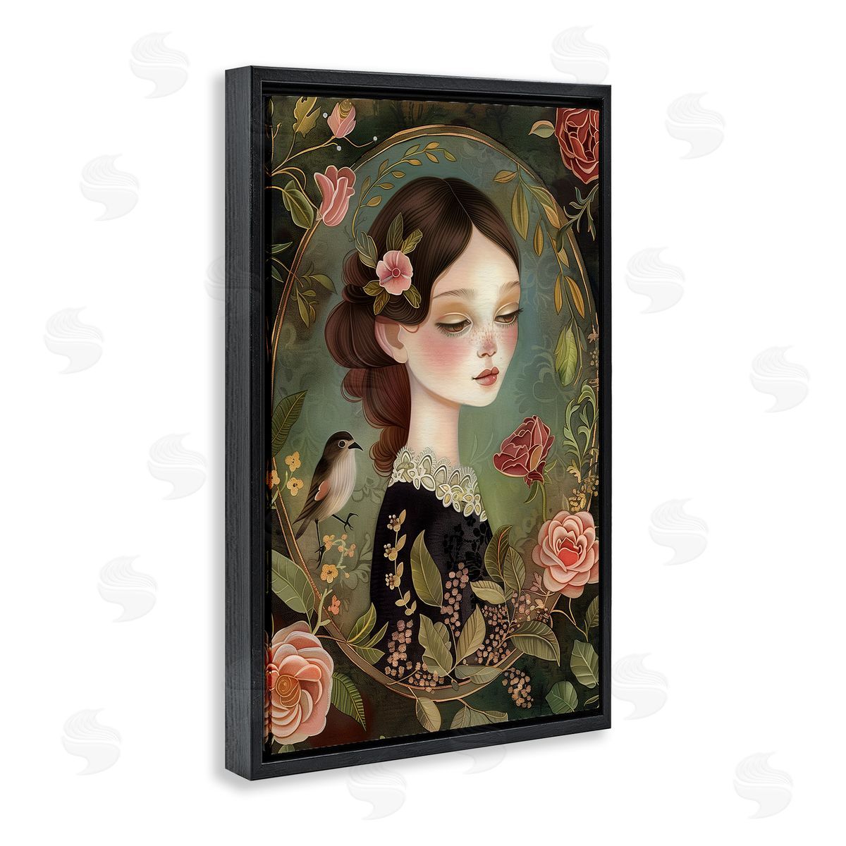 Vintage Lady & Floral Border Black Floating Frame Canvas Wall Art, Home Decor by The Dutch Lady