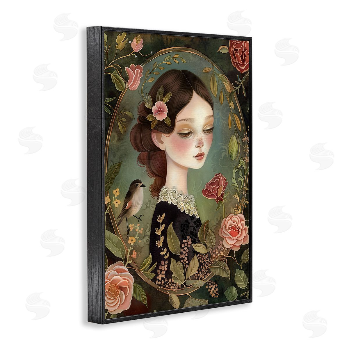 Vintage Lady & Floral Border Black Frame Print Wall Art, Home Decor by The Dutch Lady