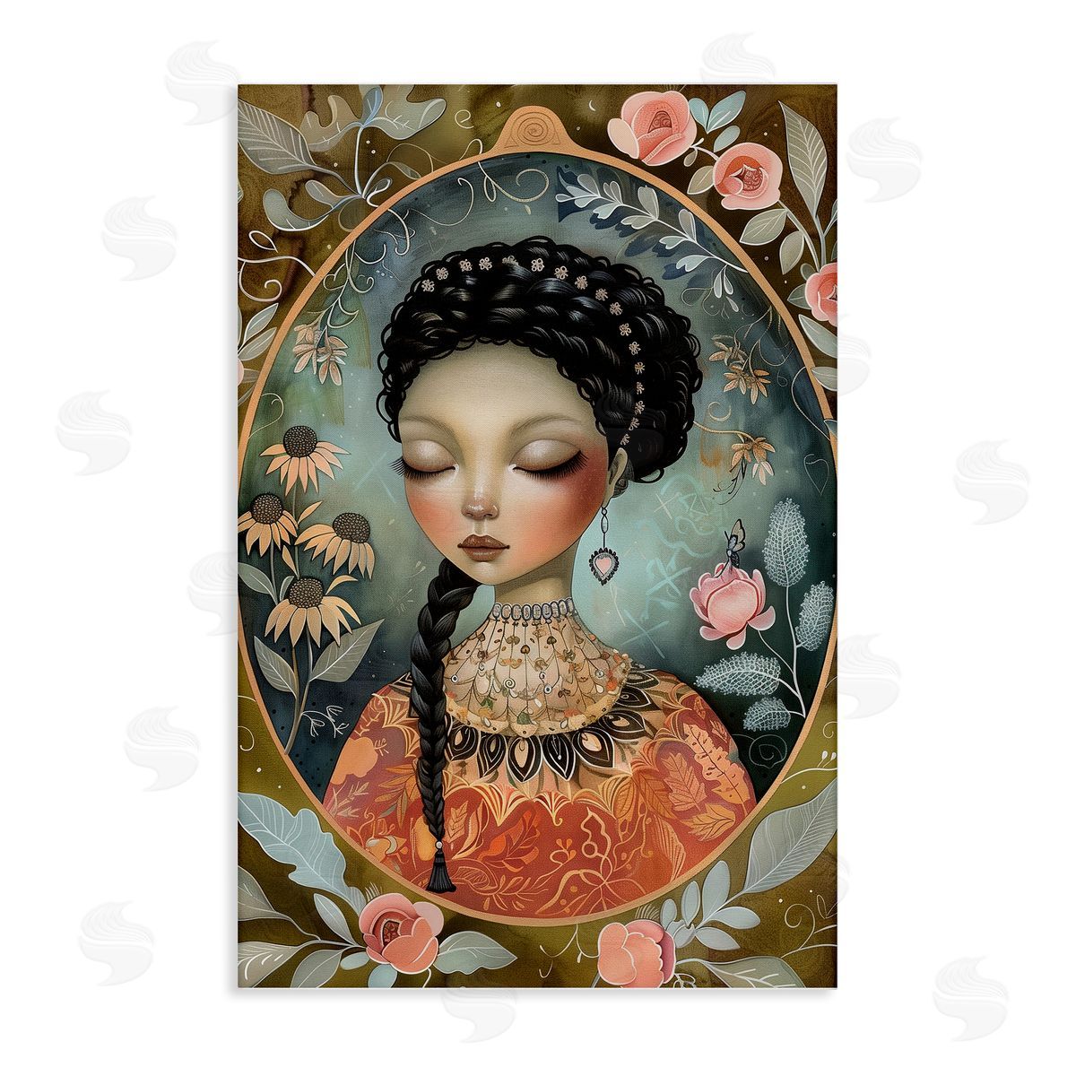 Floral Edged Portrait of Woman Canvas Wall Art, Home Decor by The Dutch Lady