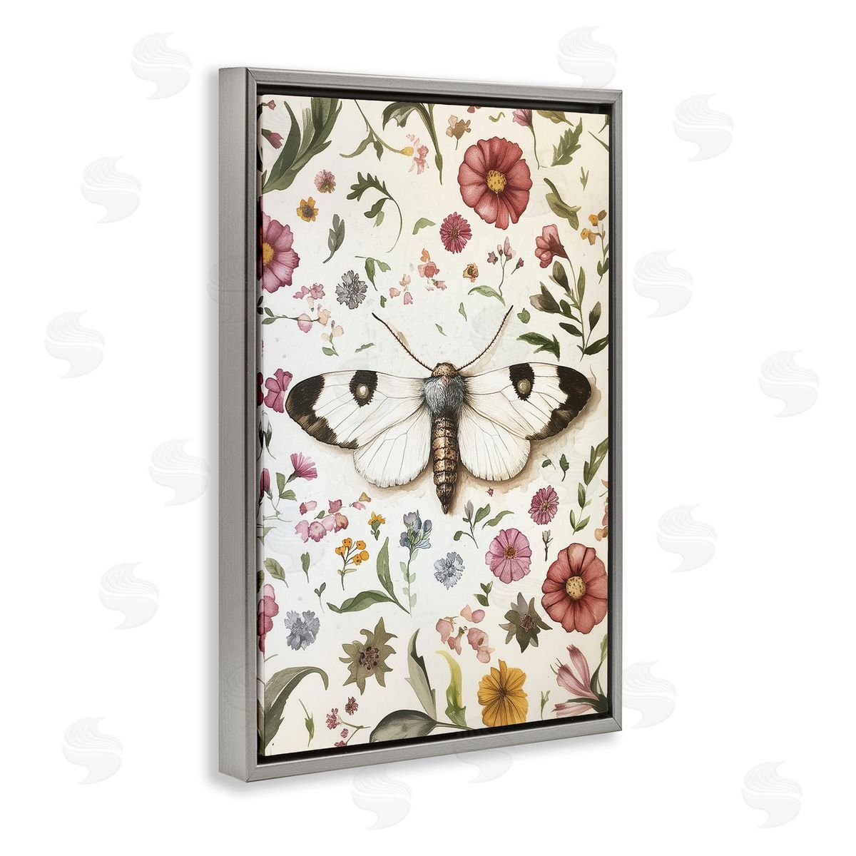 White Moth & Botanicals Grey Floating Frame Canvas Wall Art, Home Decor by The Dutch Lady