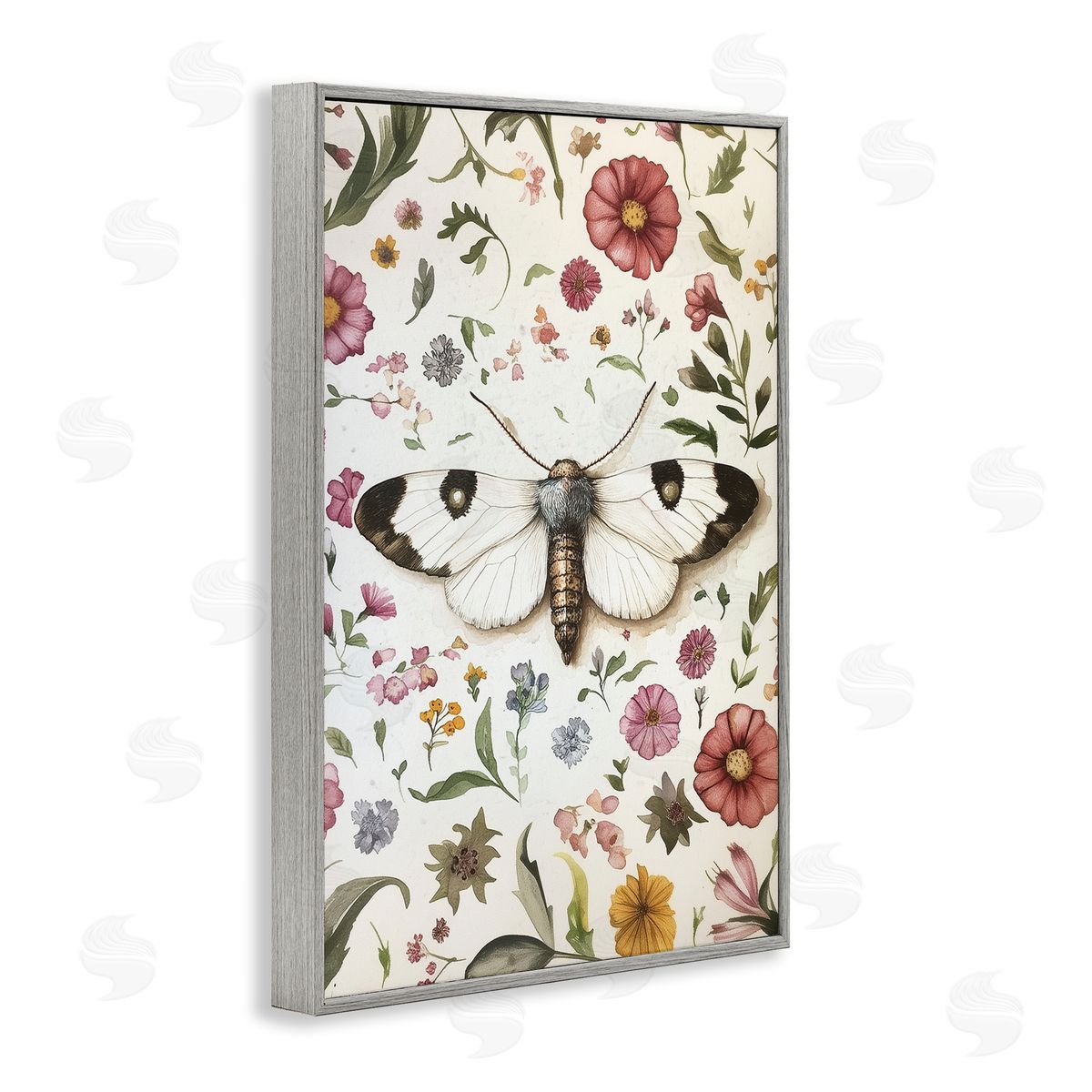 White Moth & Botanicals Grey Frame Print Wall Art, Home Decor by The Dutch Lady