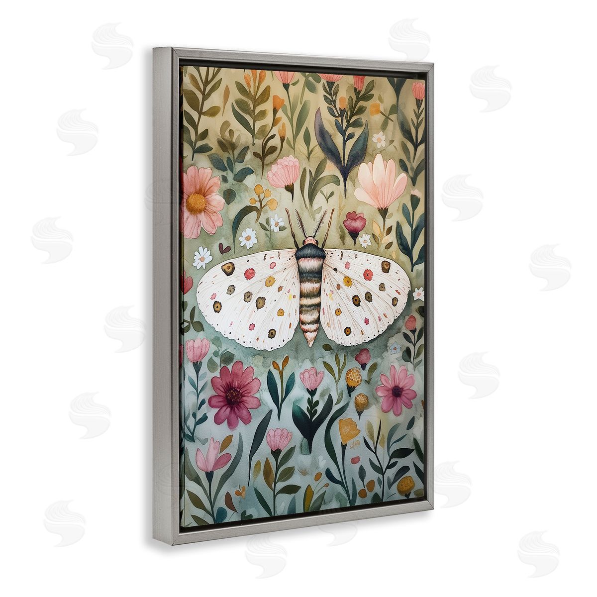Flower Speckled Moth Wings Grey Floating Frame Canvas Wall Art, Home Decor by The Dutch Lady