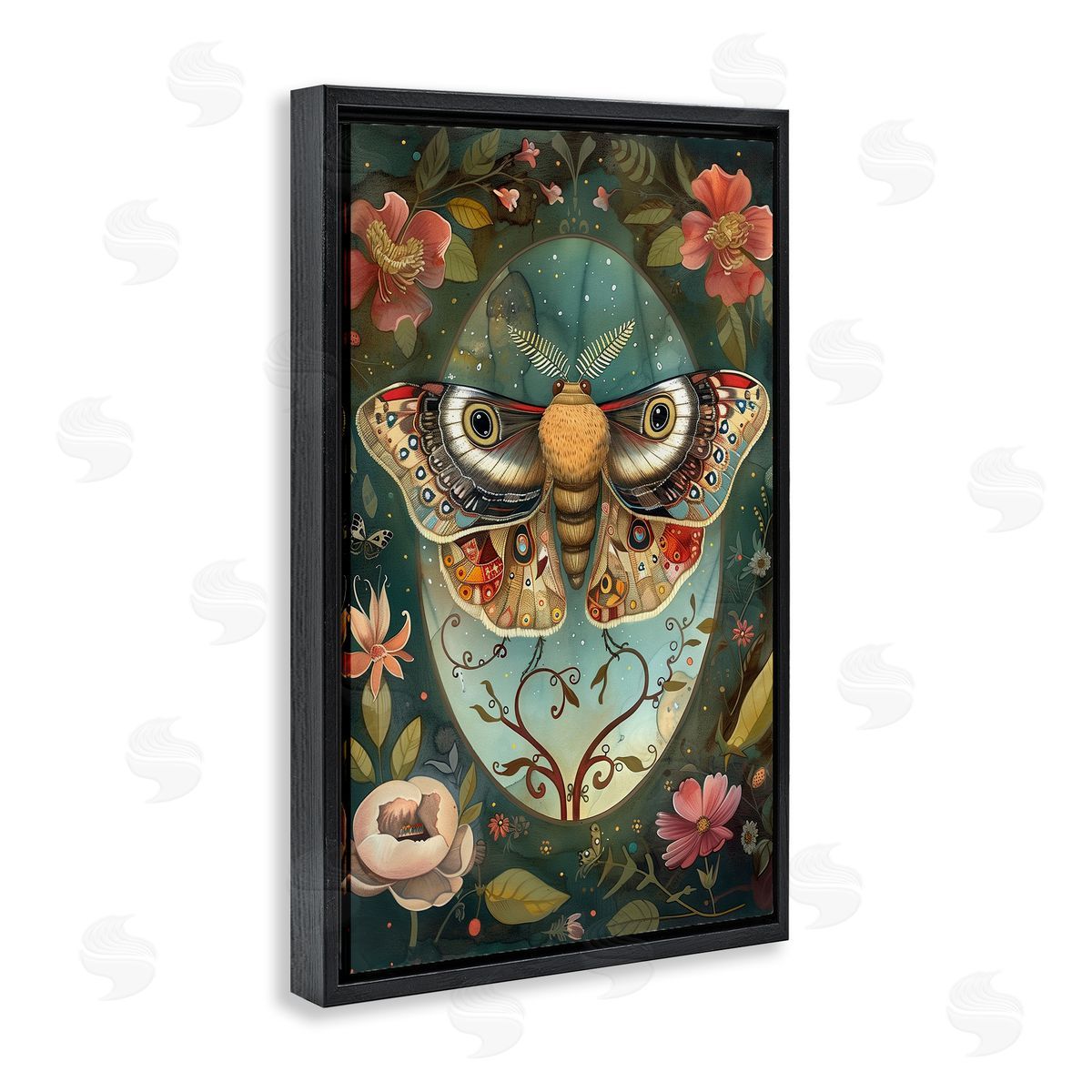 Ornate Botanicals & Moth Black Floating Frame Canvas Wall Art, Home Decor by The Dutch Lady