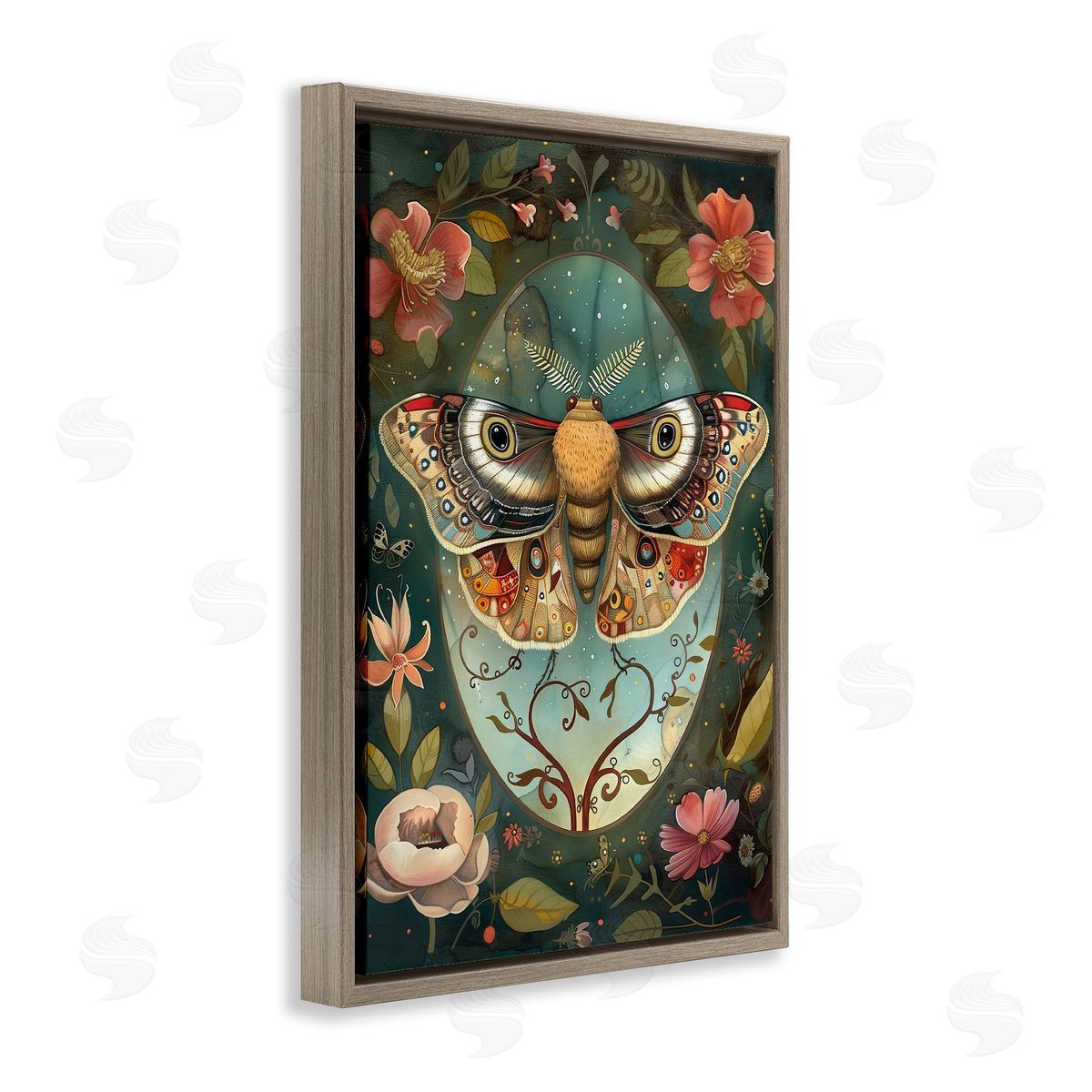Ornate Botanicals & Moth Brown Floating Frame Canvas Wall Art, Home Decor by The Dutch Lady