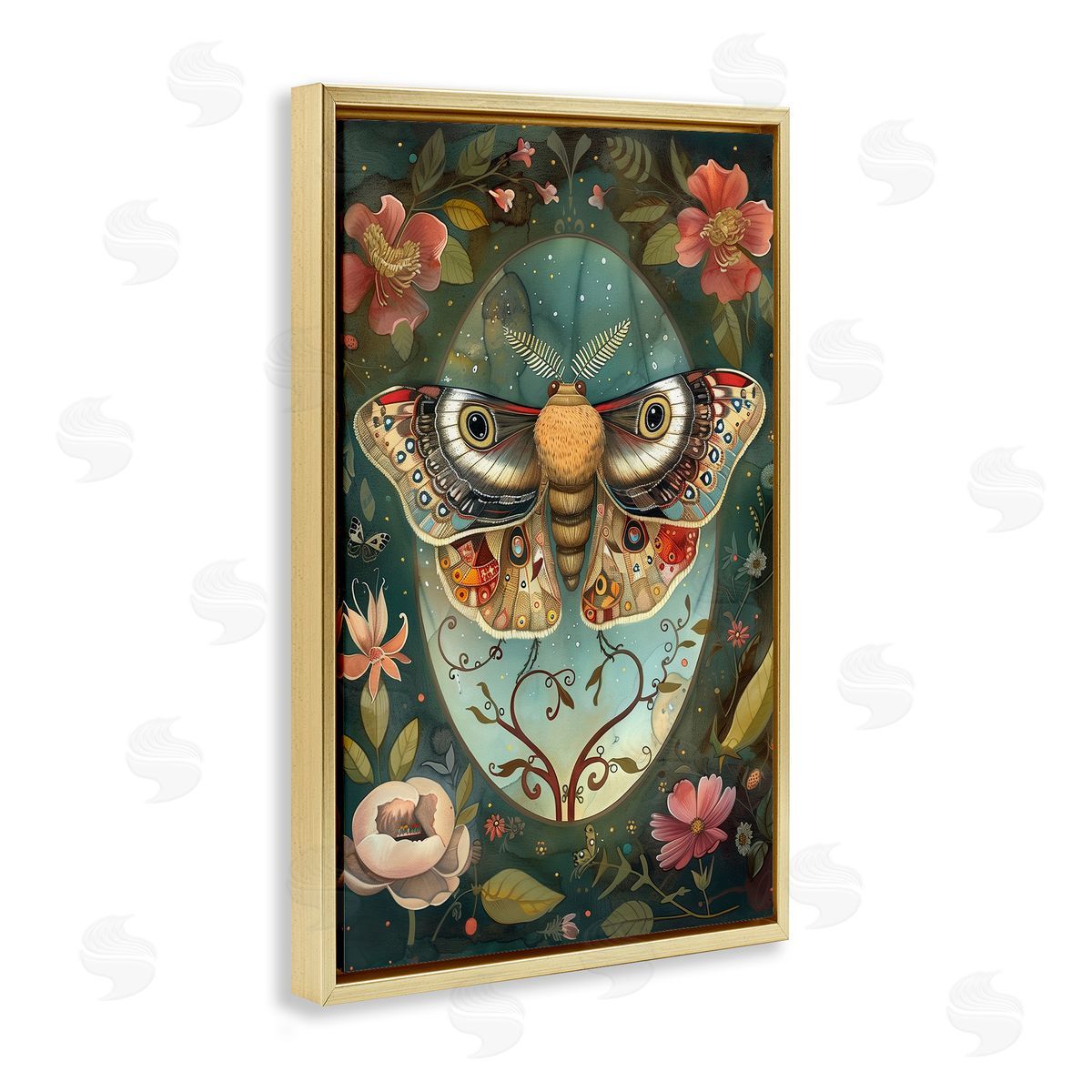 Ornate Botanicals & Moth Gold Floating Frame Canvas Wall Art, Home Decor by The Dutch Lady
